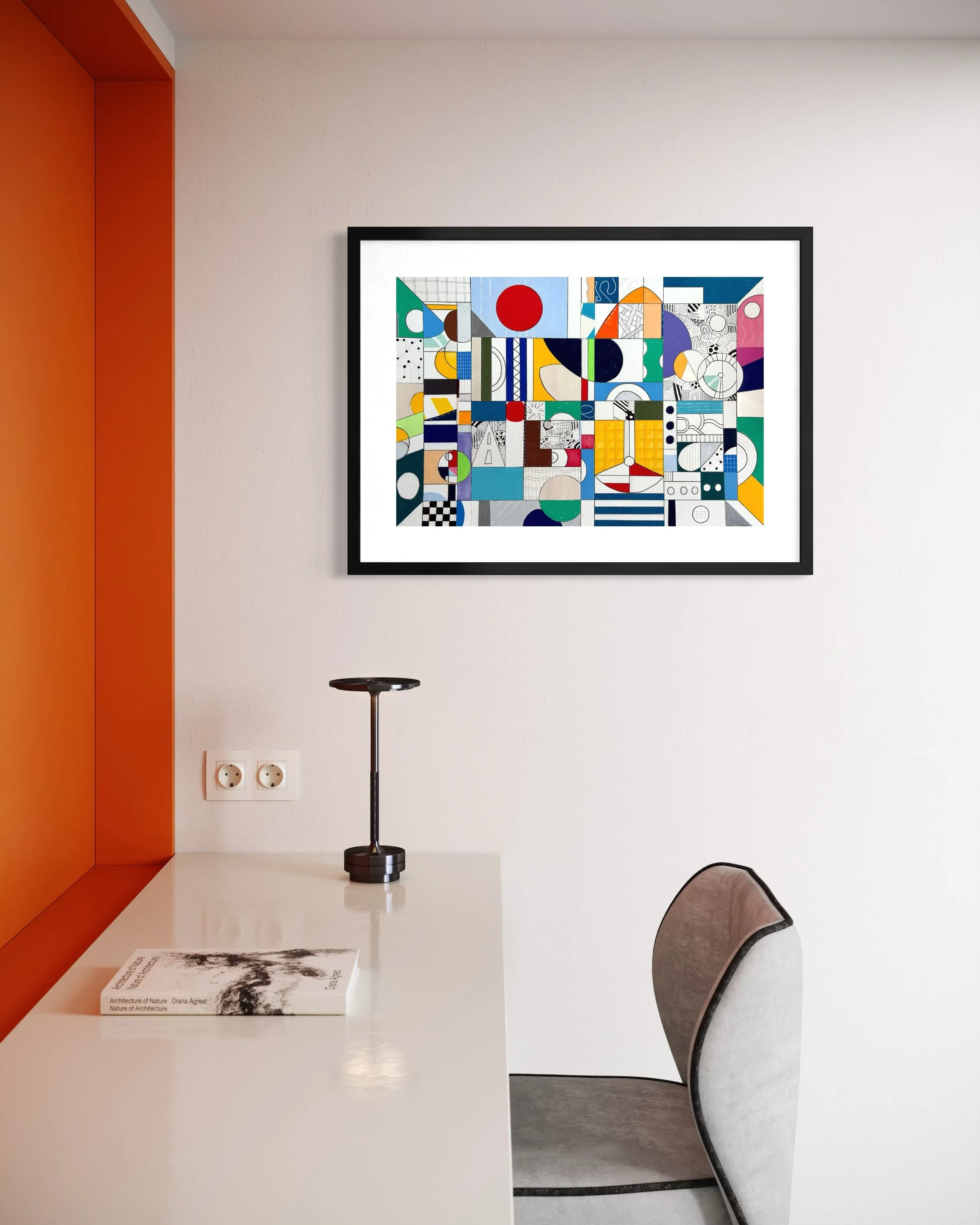 Inner Infrastructure, original mixed media on A2 paper with geometric and abstract forms, colour blocks, patterns and hand-drawn marks, styled in a modern home office.