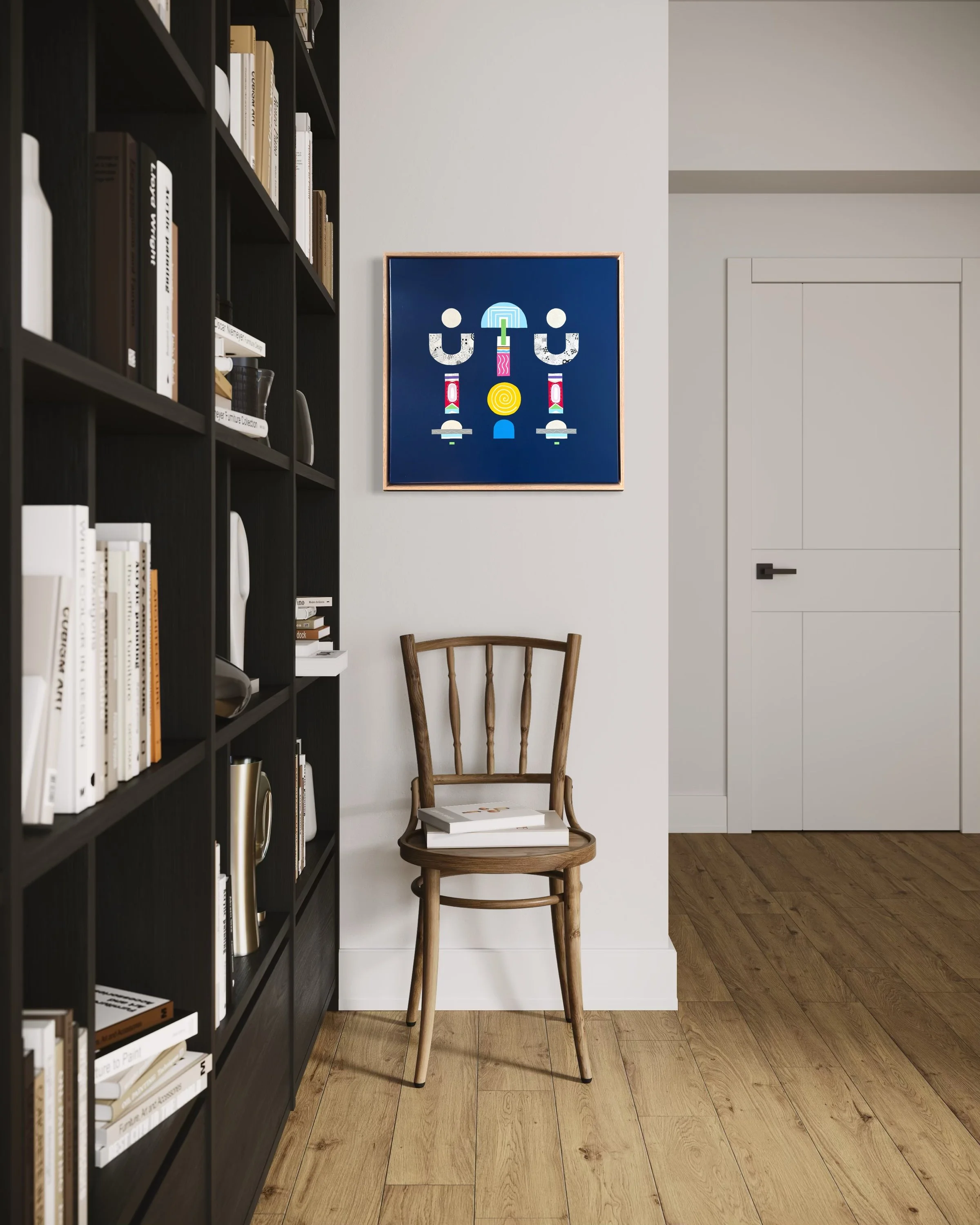 Upward Turn, original abstract artwork on canvas, geometric forms on a blue background, displayed next to a bookshelf and above a chair.