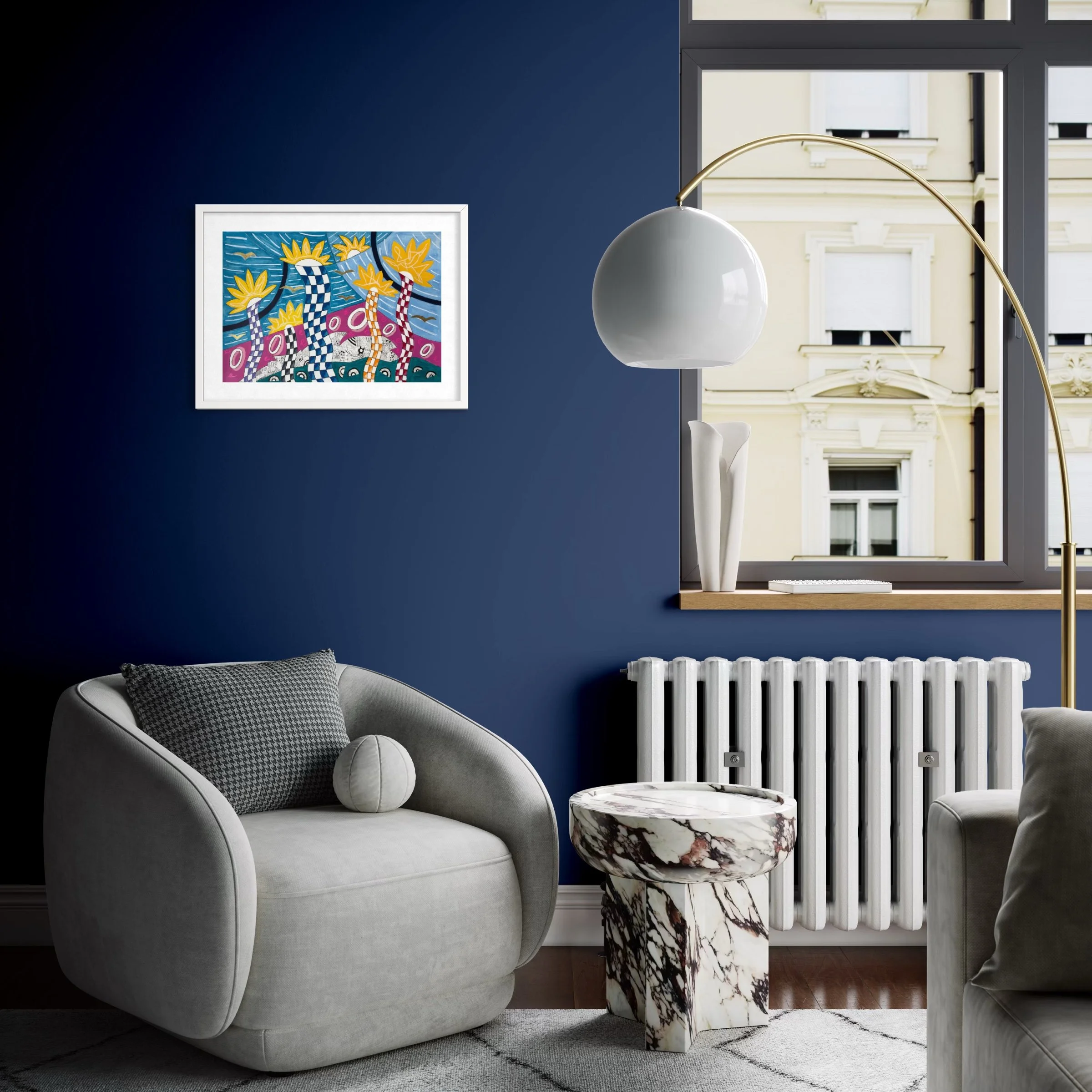 Dancing In The Car Yard, original mixed media artwork featuring colourful air dancer forms, bold patterns, expressive doodles, birds and cars, displayed framed in a modern interior.