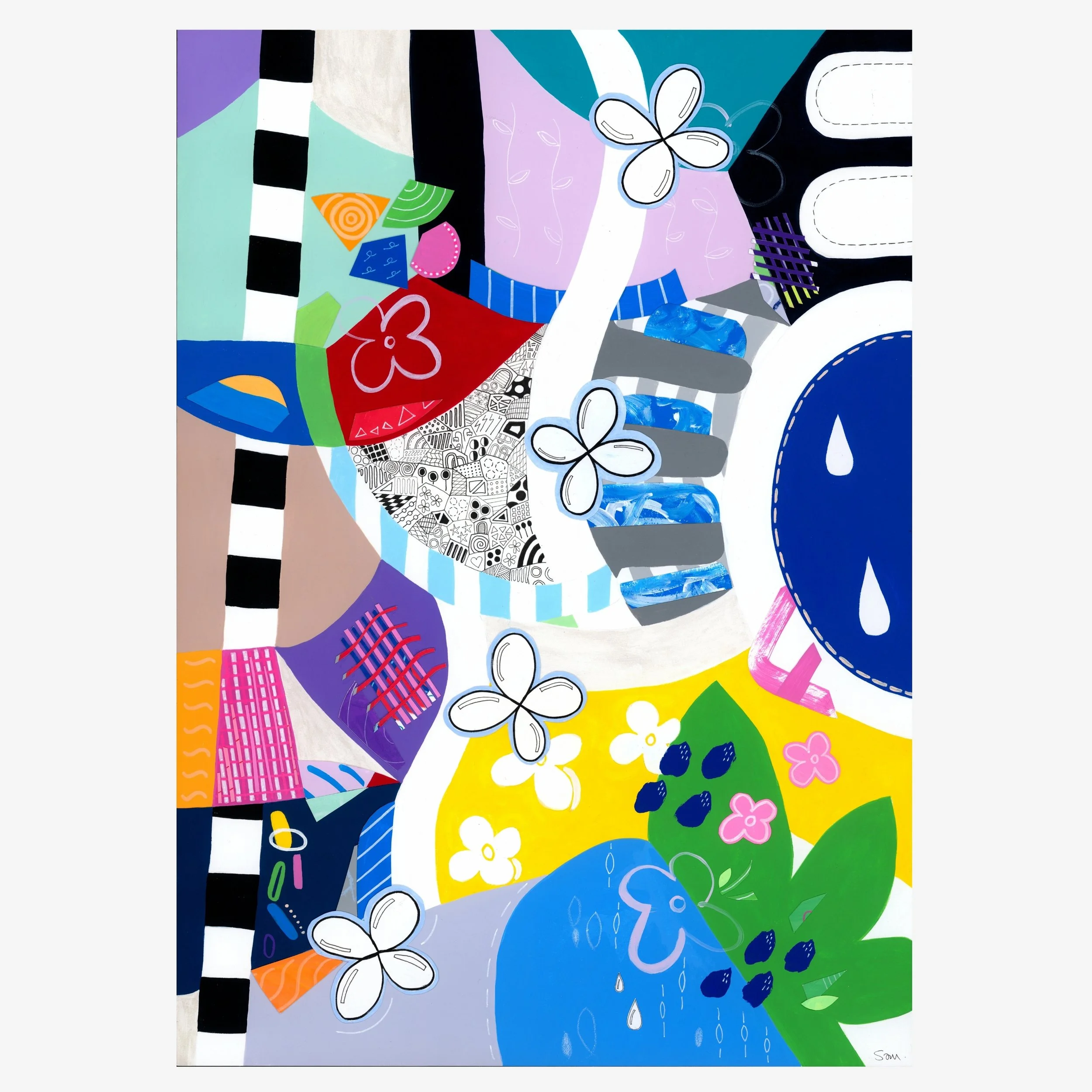 Crossing Currents, fine art print featuring bold colour sections, collage elements, patterned shapes, wave-like forms, flowers and organic details arranged across the composition.