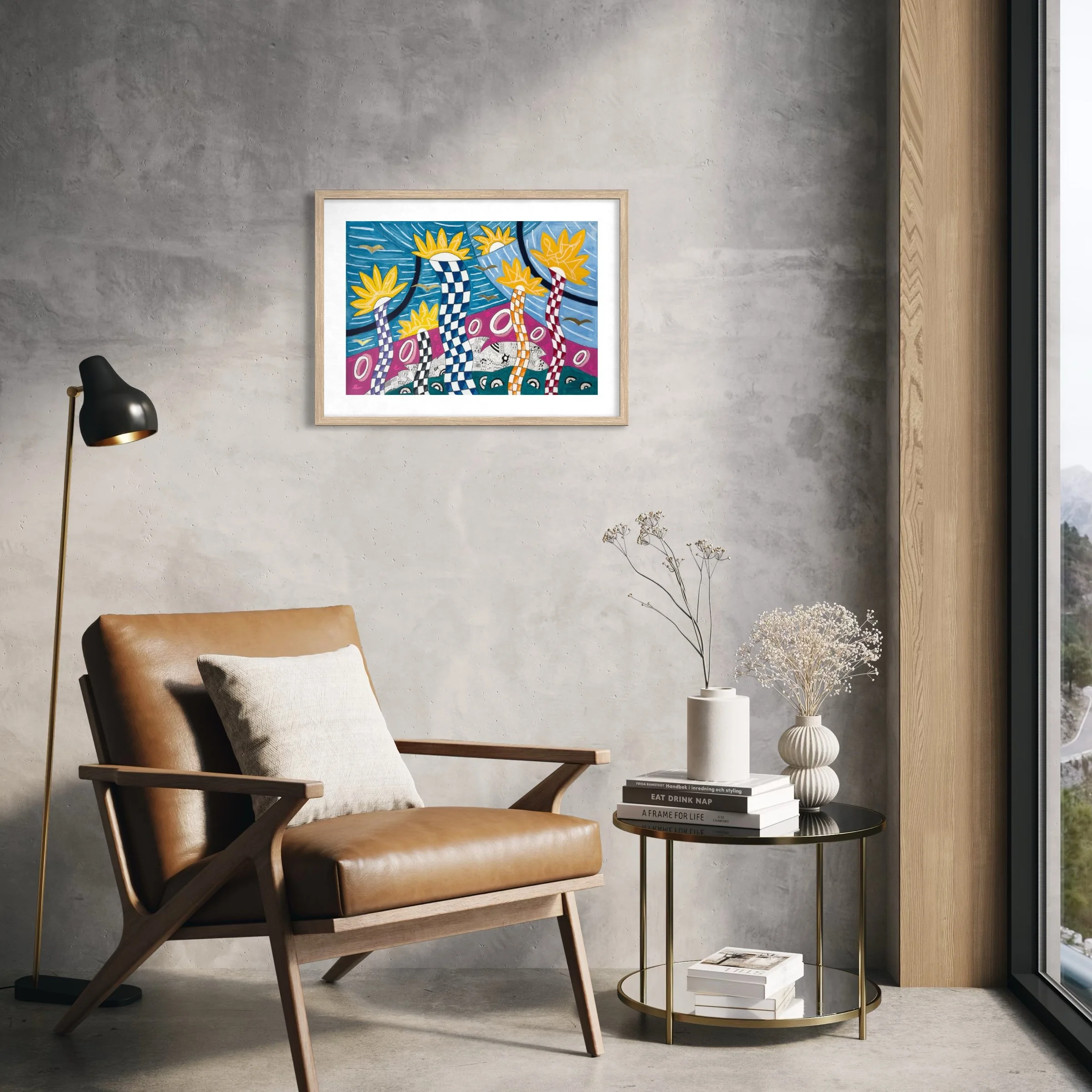 Dancing In The Car Yard, original mixed media artwork featuring colourful air dancer forms, bold patterns, expressive doodles, birds and cars, displayed framed in a modern interior.