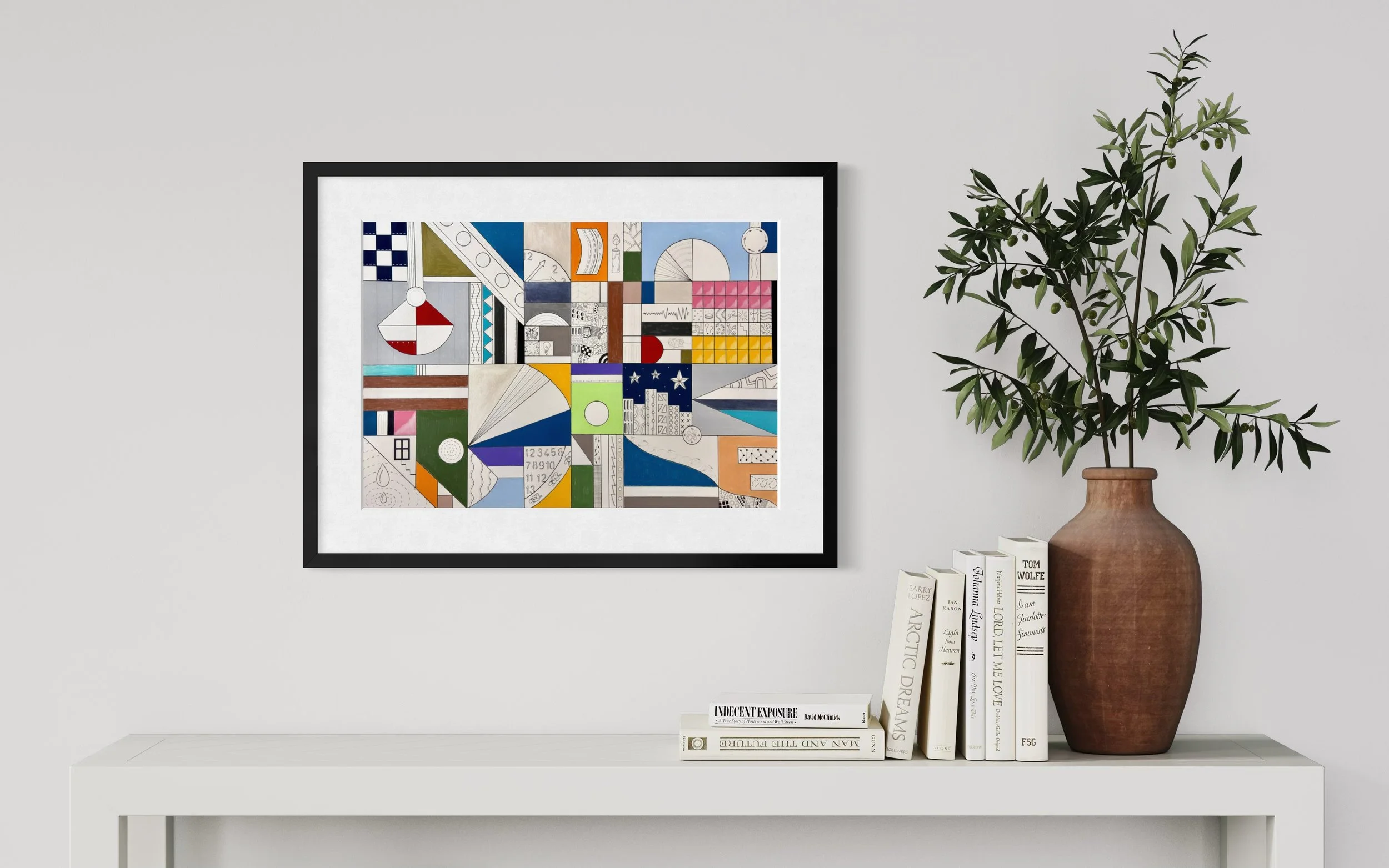 Night Mind, original mixed media abstract artwork on A2 paper featuring a structured composition with black ink borders, colour, pen doodles and symbolic motifs, displayed framed in a modern interior.