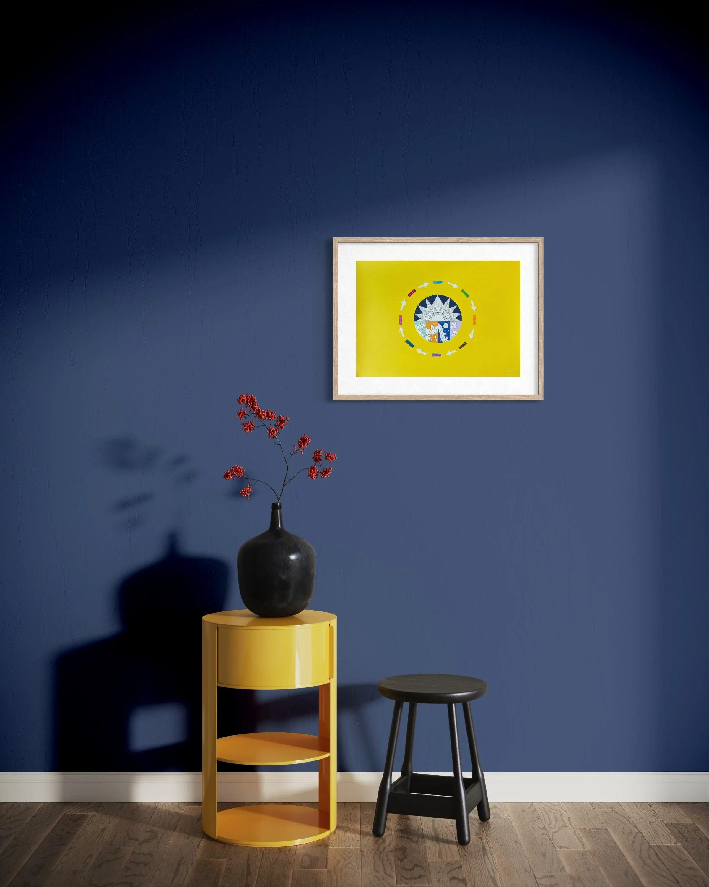 A Most Colourful Year Around the Sun, original mixed media on A2 paper with a yellow background featuring a sun, seasonal panels, and arrows, framed and displayed in a modern living room.