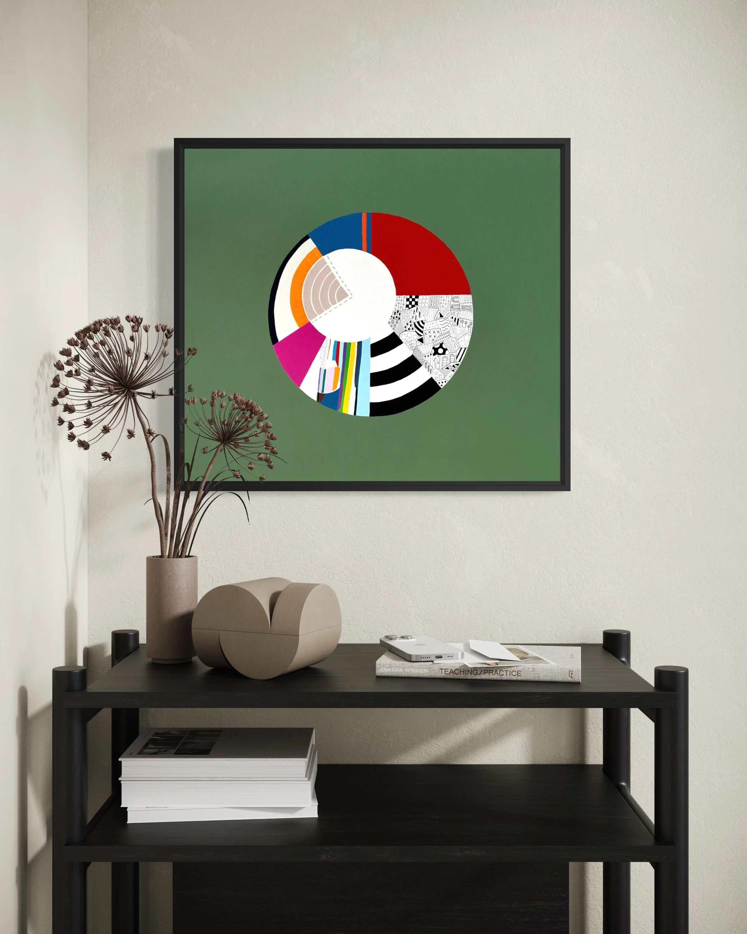 Off Centre, original abstract artwork on canvas with a colourful circular composition, radiating sections and an off-centre white circle on a jade green background, styled in a modern interior.