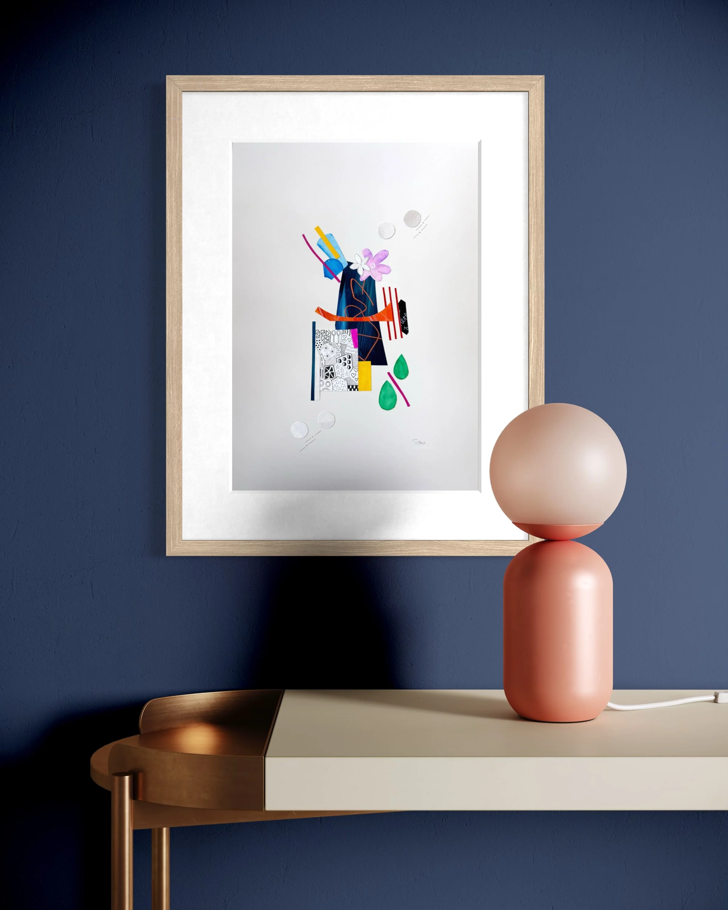 Bright Interruption, original mixed media collage on A3 paper featuring layered fragments, expressive marks, and bold abstract colour, and displayed framed in a modern interior.