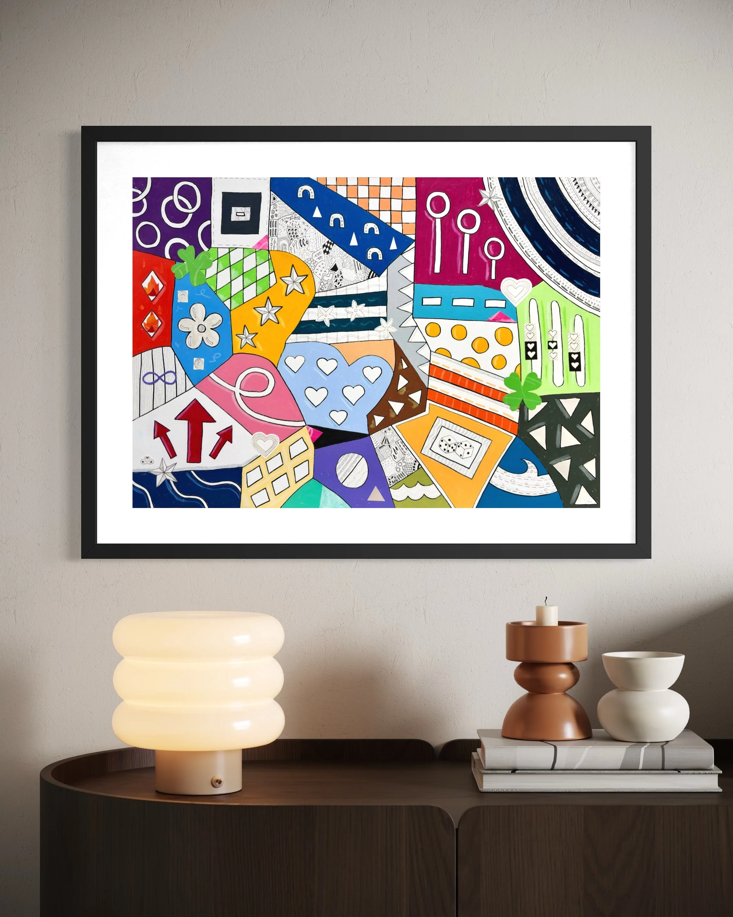 A2 mixed media artwork titled Devotion and Chance, colourful abstract composition displayed framed in a modern interior.