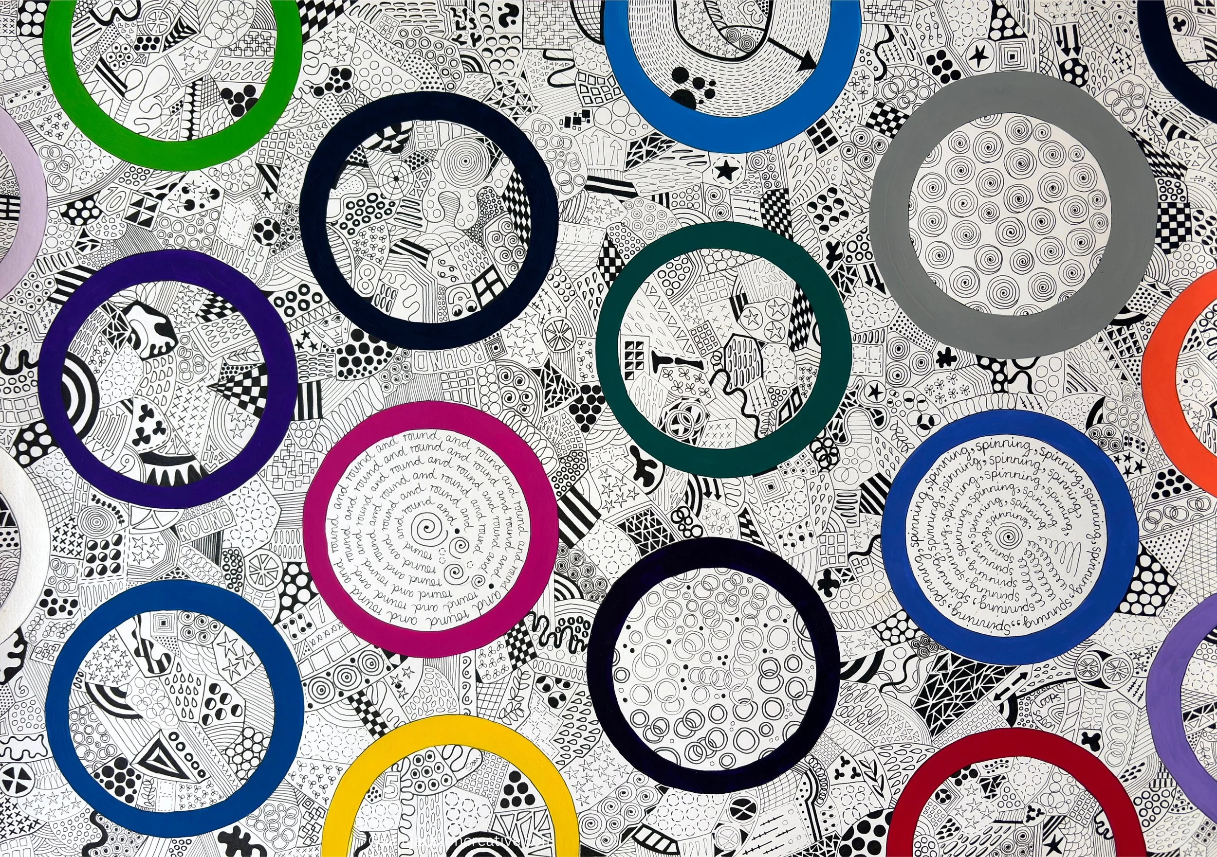 Spinning by Sam Jackson, pen and acrylic paint on paper.