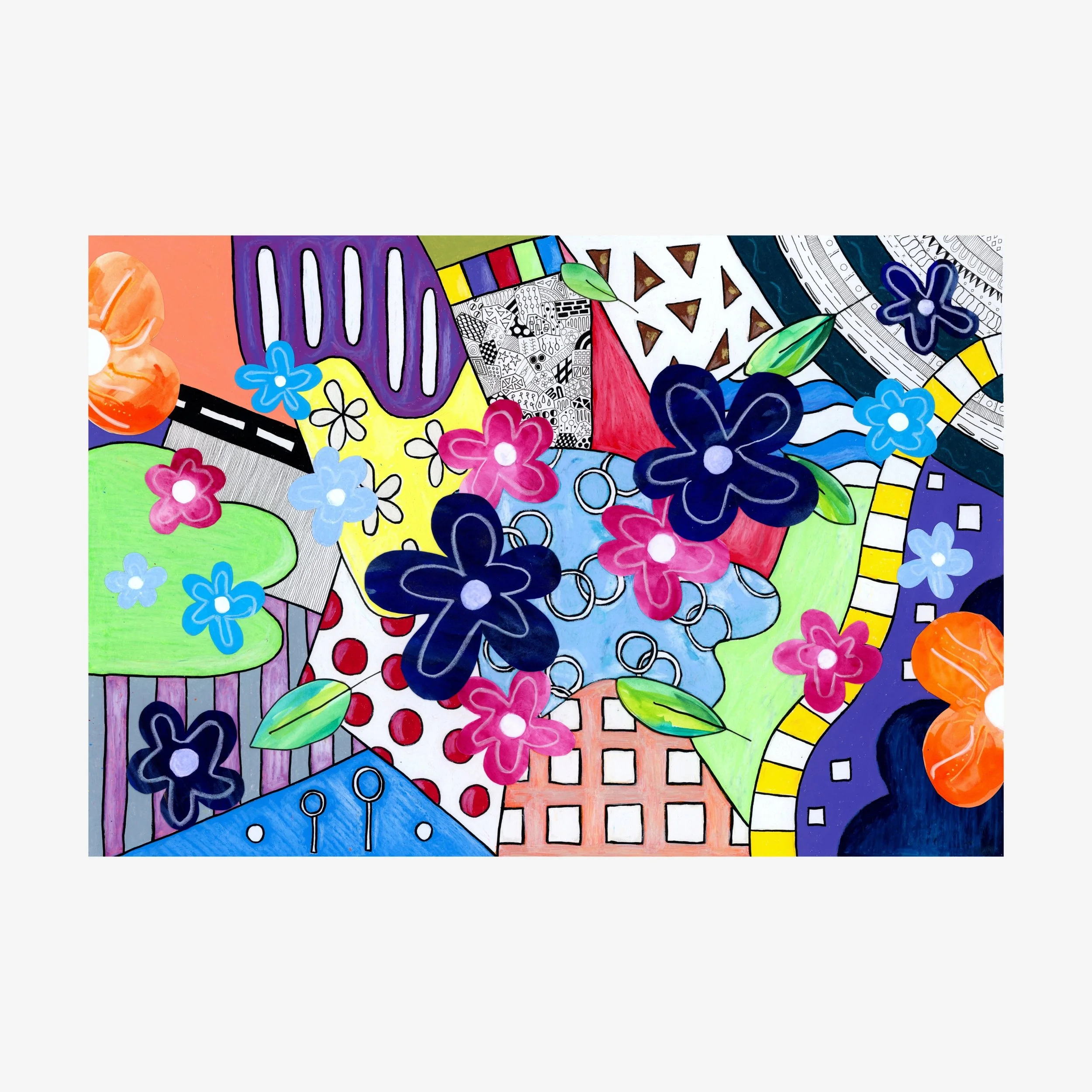 Spring Breeze Overland, fine art print of an imagined landscape with bold colour blocks, collage flowers, patterned shapes, a winding yellow path, and playful pen doodles.
