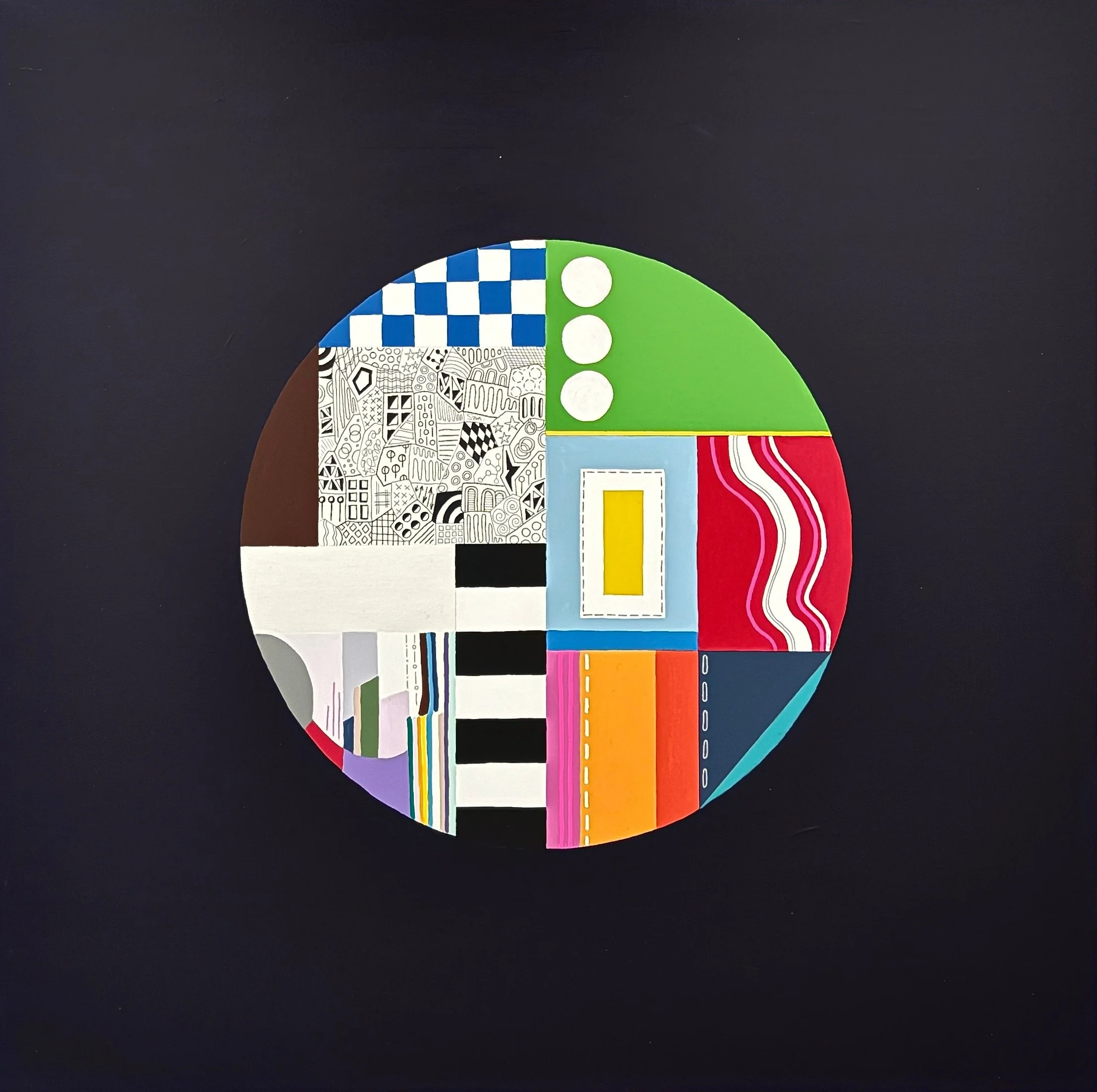 In a Roundabout Way, original mixed media abstract artwork featuring a circular composition, contrasting sections, colour, patterns, doodled marks and geometric elements.