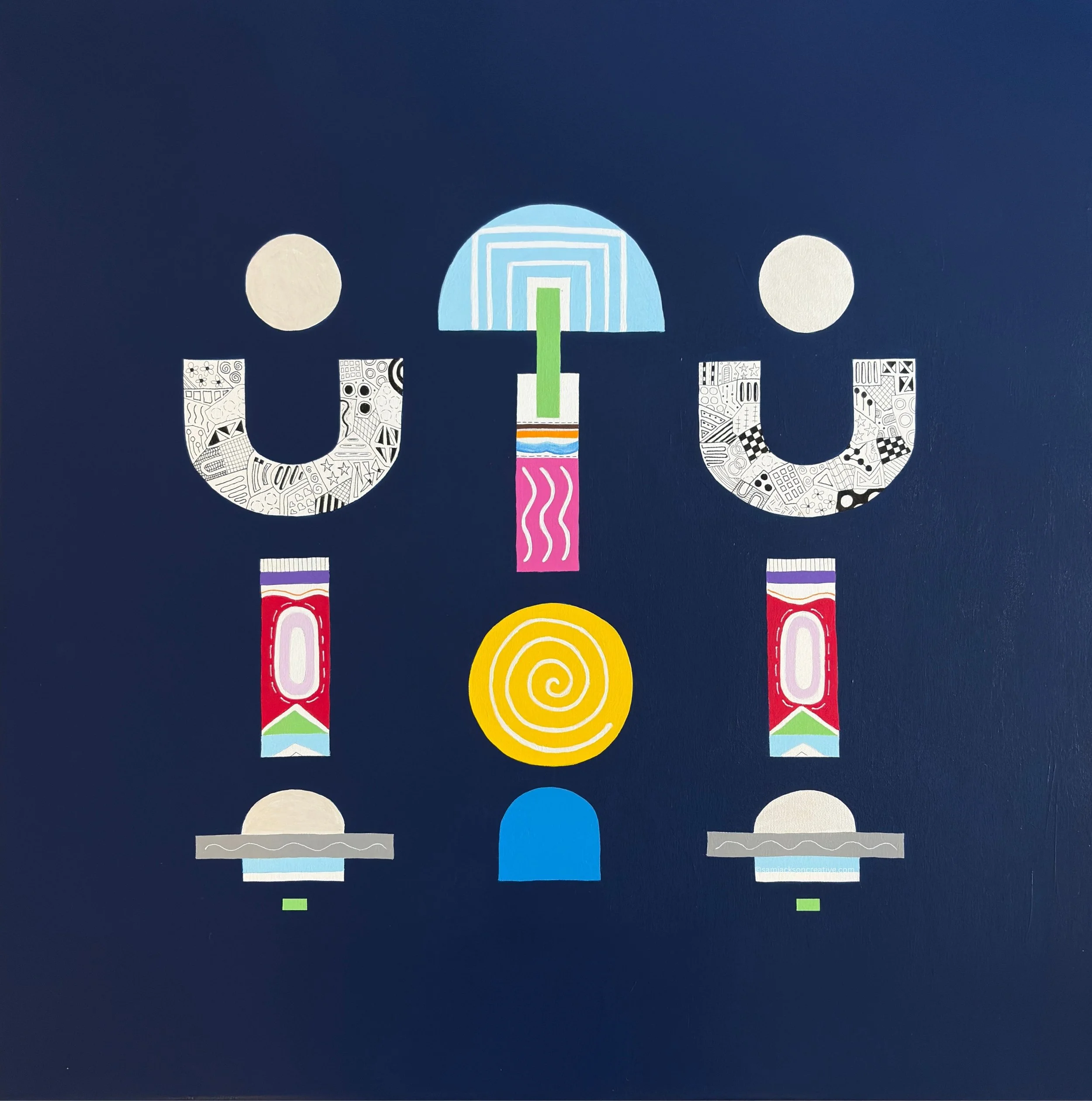 Upward Turn, original abstract artwork on canvas with a vertical arrangement of geometric forms on a blue background.
