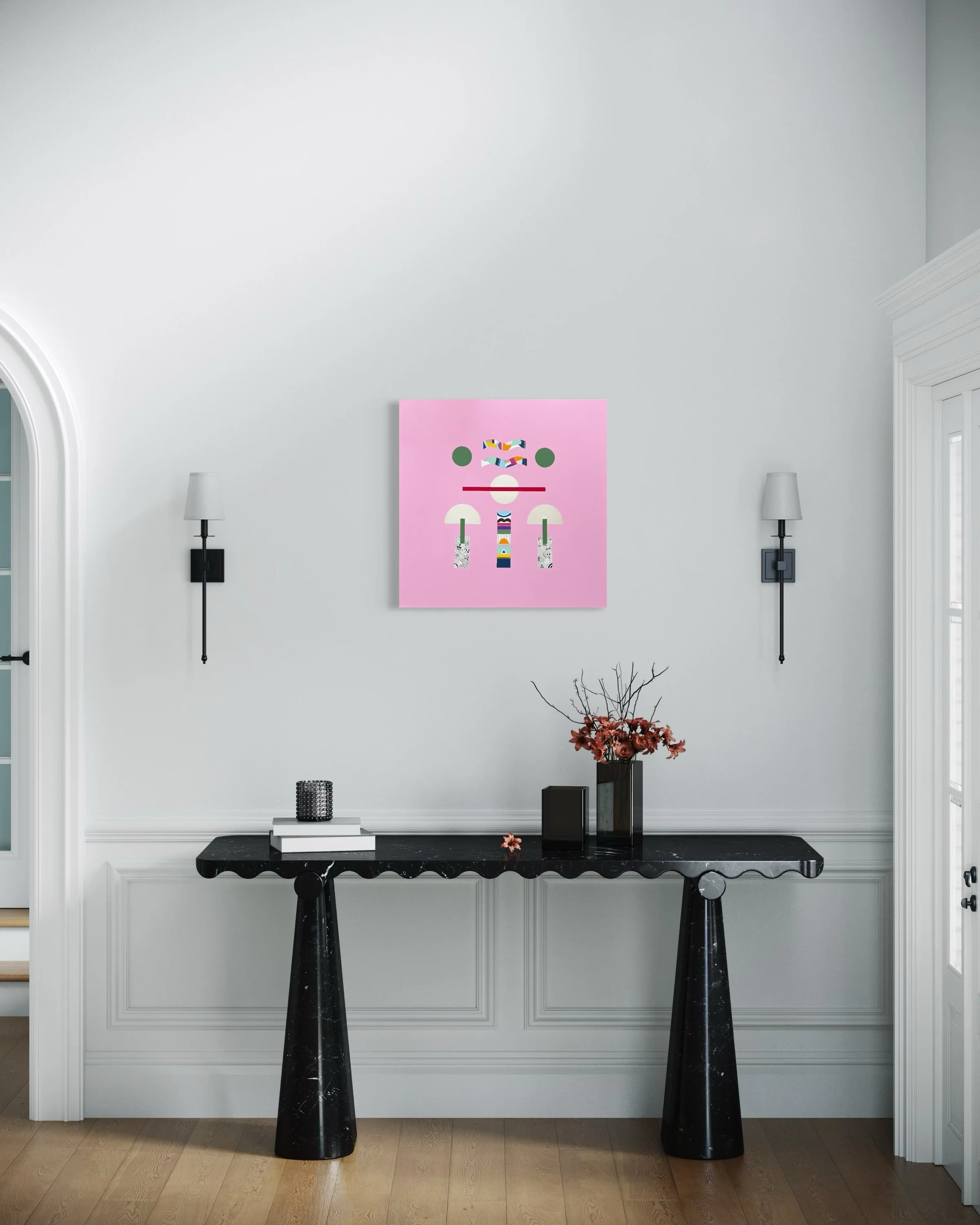 At Cruising Altitude, original mixed media abstract on canvas with a pink background, displayed in a modern hallway.