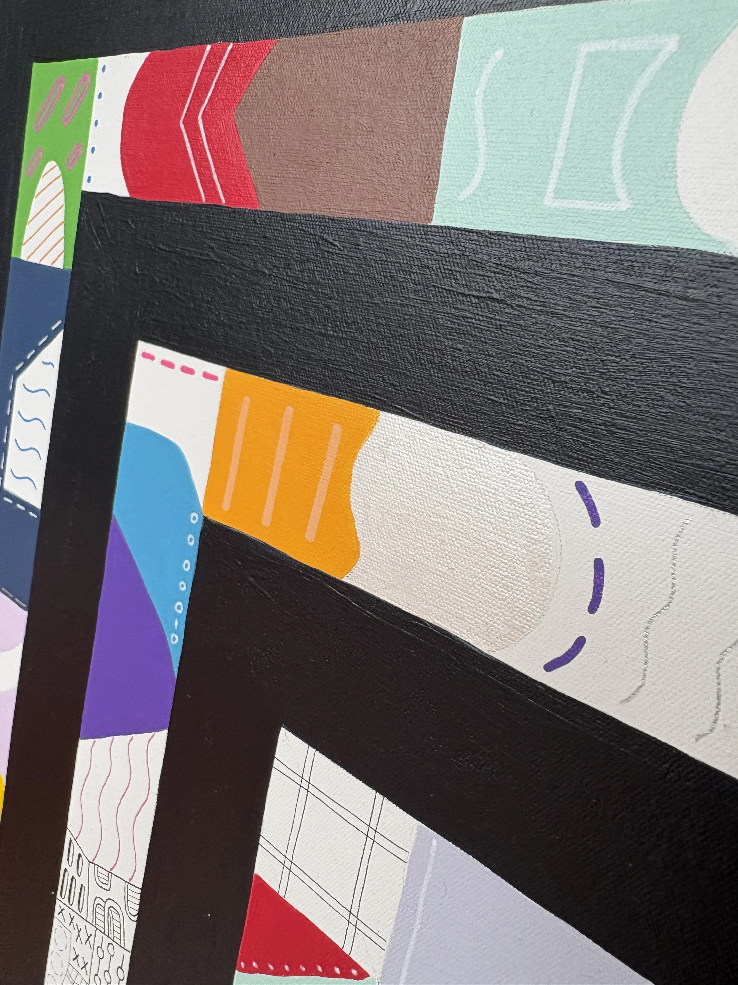 Close-up detail of Freedom Within Boundaries, original abstract artwork on canvas showing nested square frames in Paynes grey with bold colours and playful, varied patterns within each section.