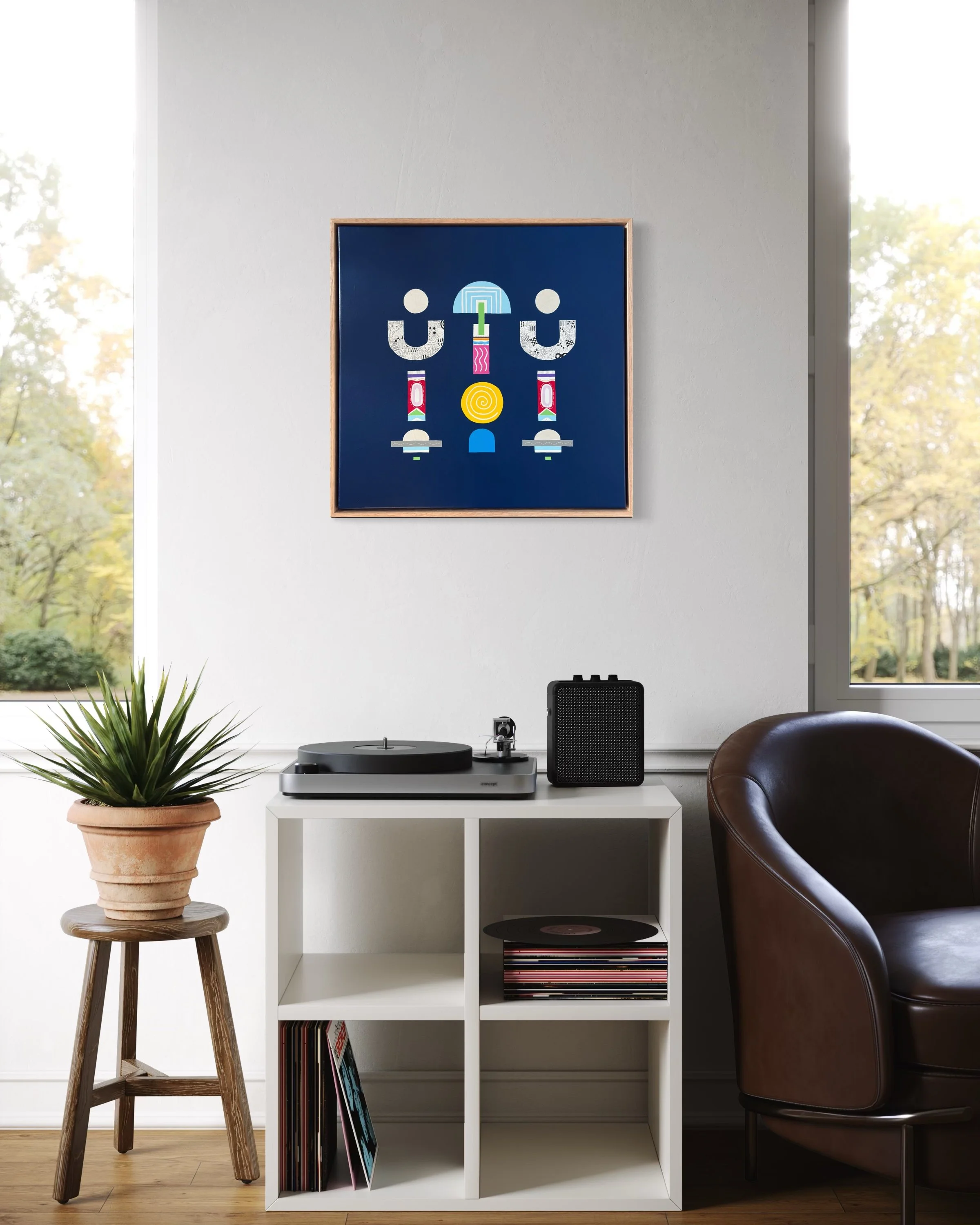 Upward Turn, original abstract artwork on canvas, geometric forms on a blue background, displayed above a white storage table with home decor.