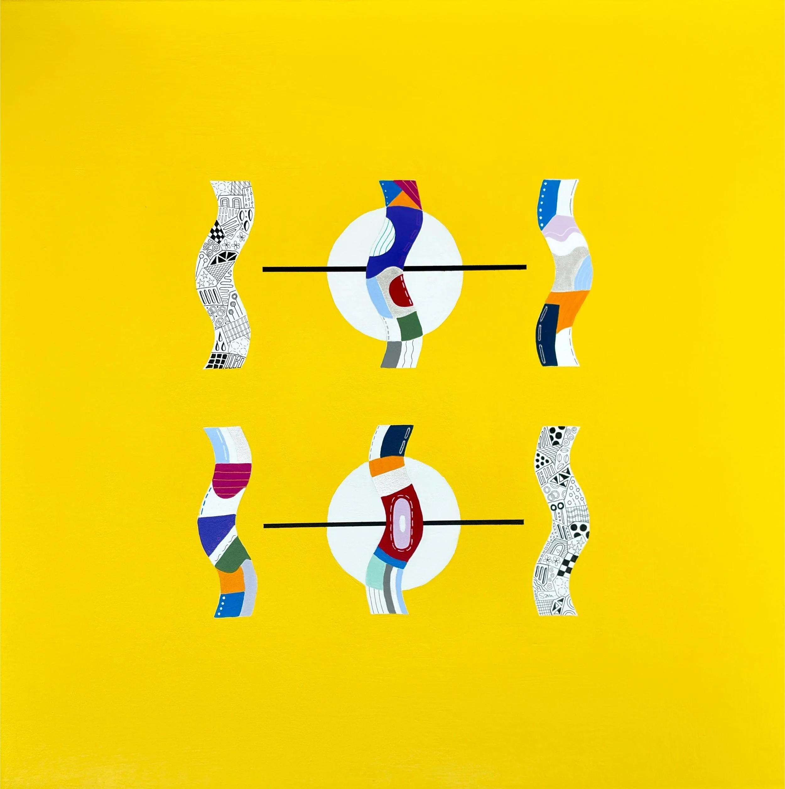 Flow State Two, original mixed media abstract on canvas with a bright yellow background and colourful shapes, radiating joyful energy.