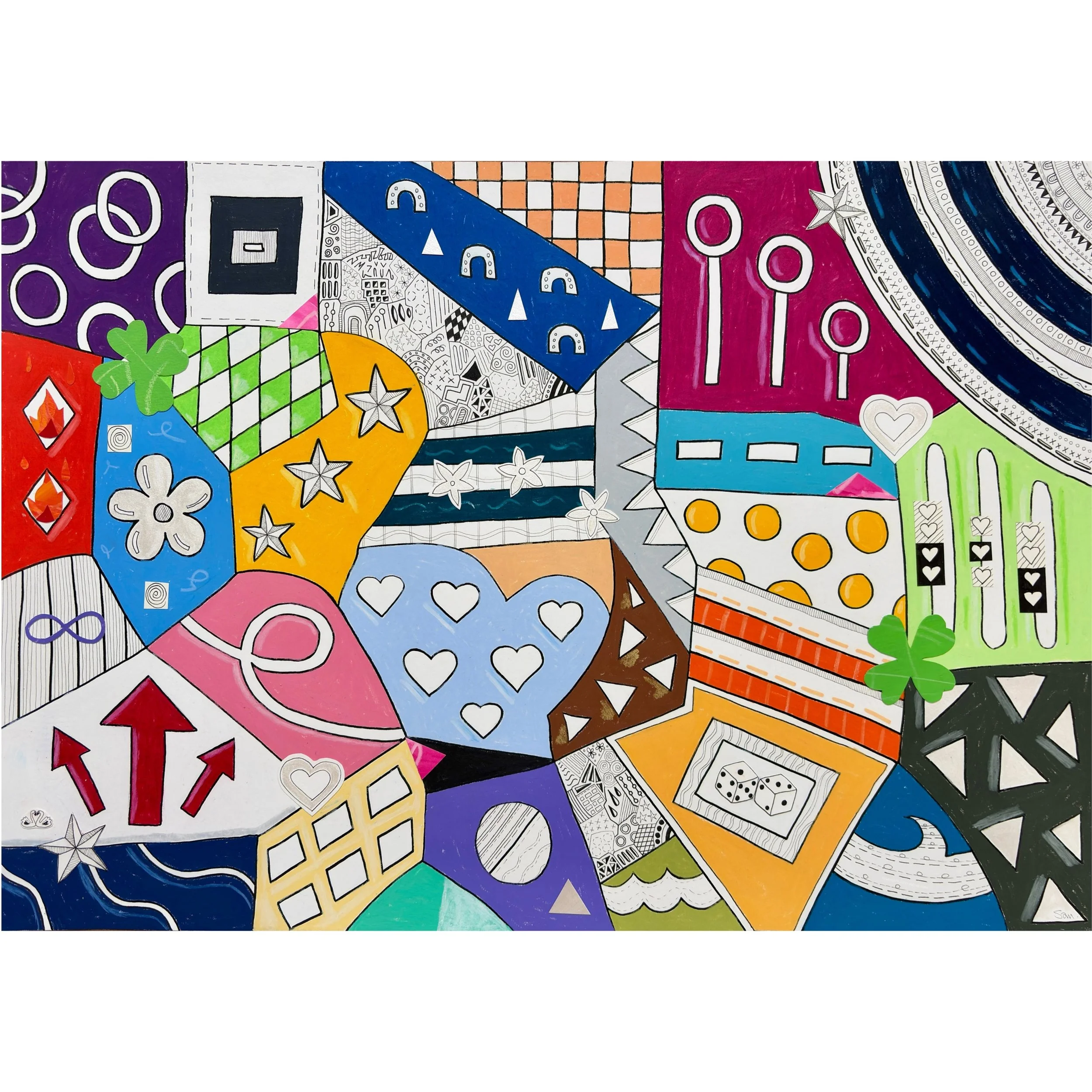 Devotion and Chance, A2 mixed media, bold colourful patterns with love and luck symbols: hearts, swans, flames, dice, clovers, stars, horseshoes.