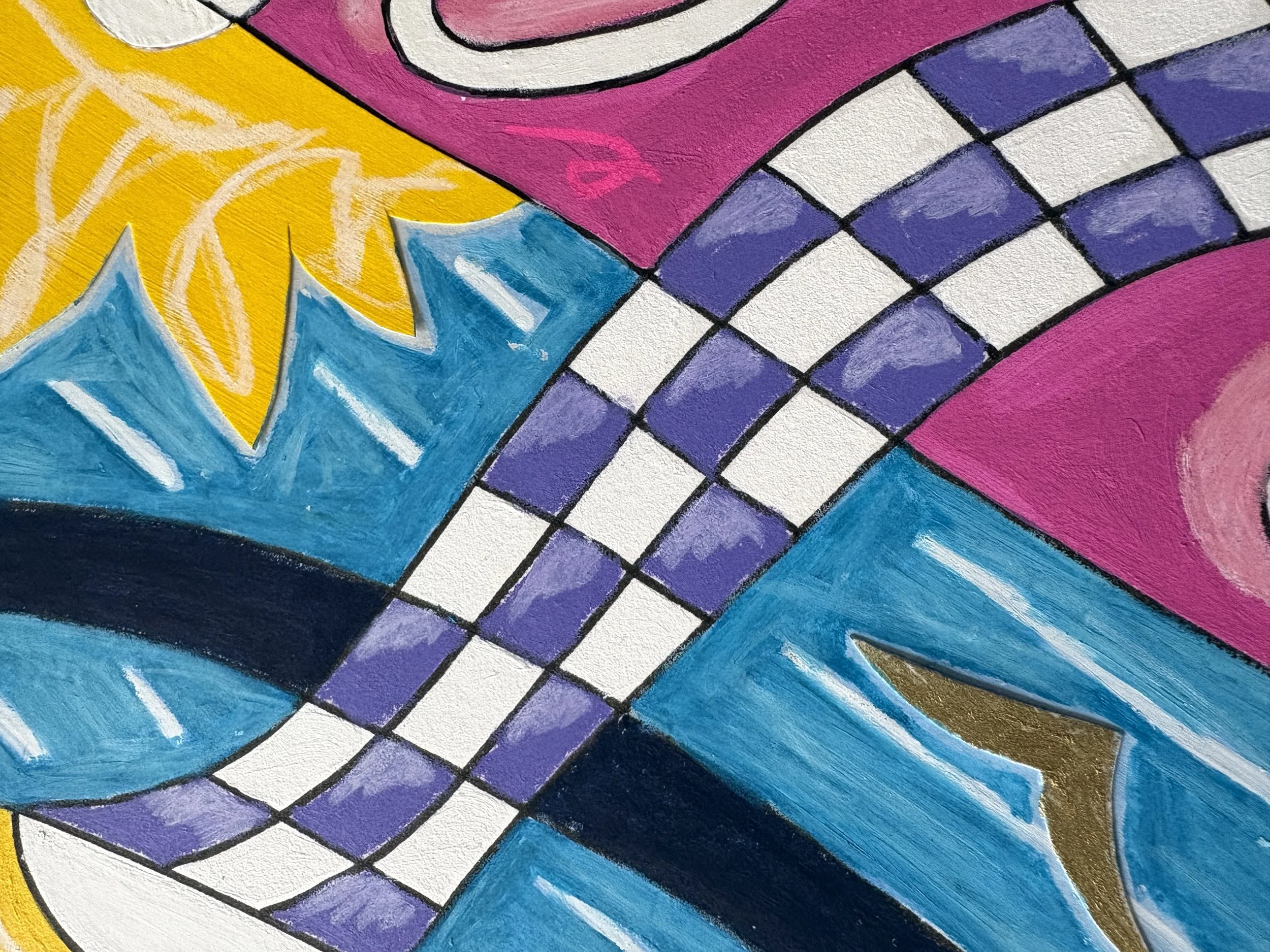 Close-up detail of Dancing In The Car Yard, original mixed media artwork featuring bold oil pastel, acrylic paint, pen doodles, patterned forms and vibrant colour.