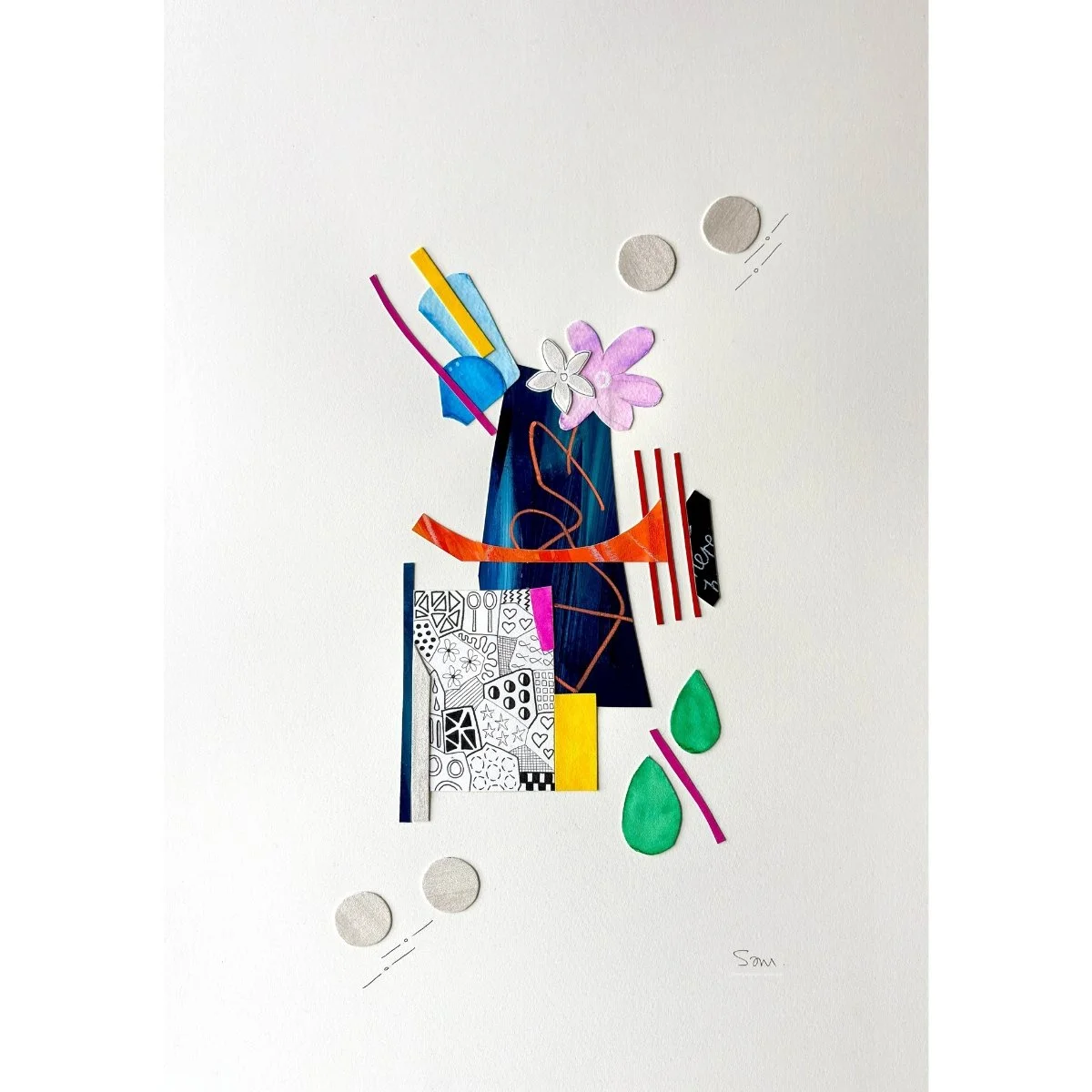 Bright Interruption, original mixed media collage on A3 paper featuring layered fragments, expressive marks, and bold abstract colour.