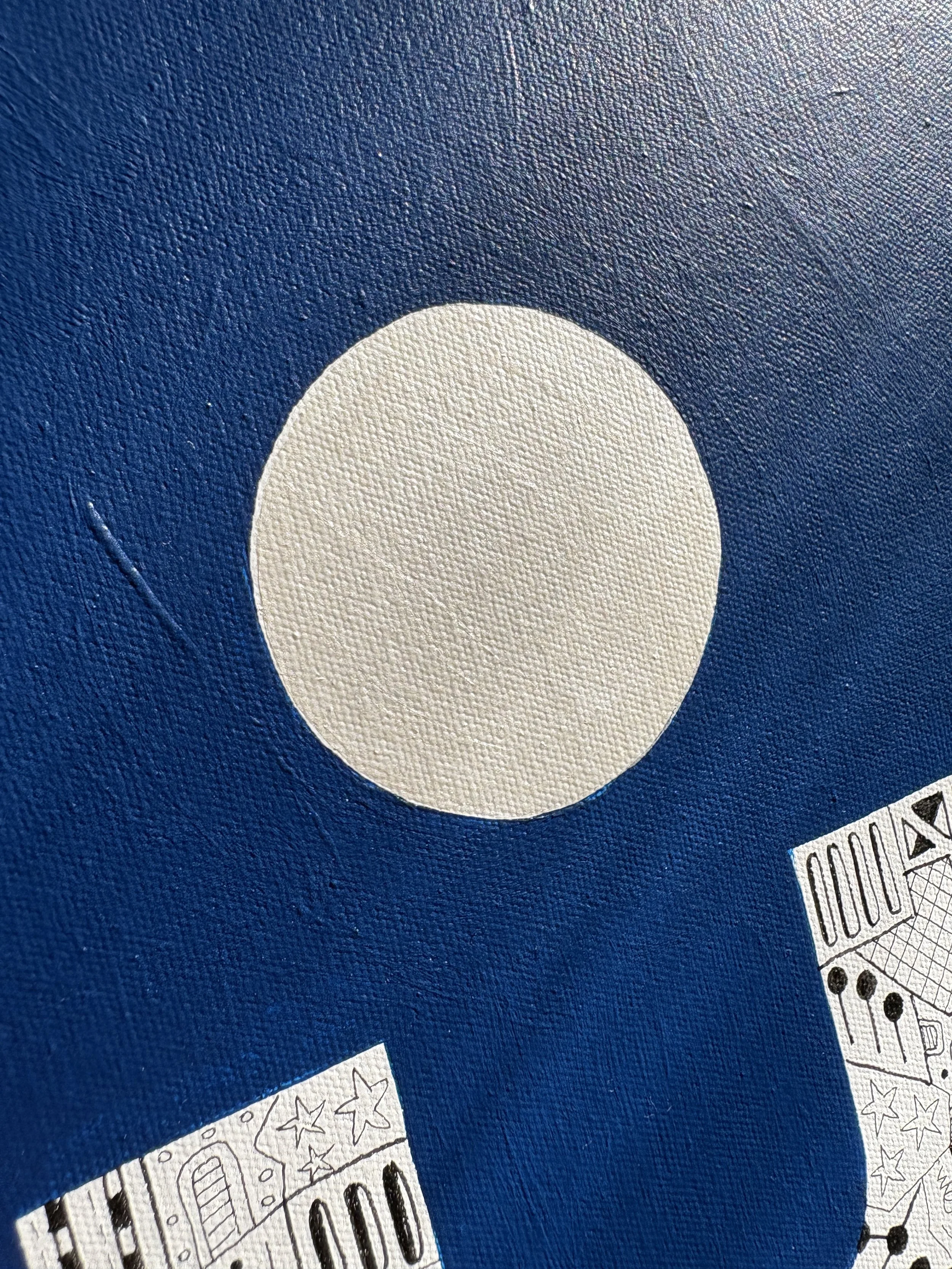 Close-up detail of Upward Turn, original abstract artwork on canvas, showing a vertical arrangement of geometric forms on a blue background.