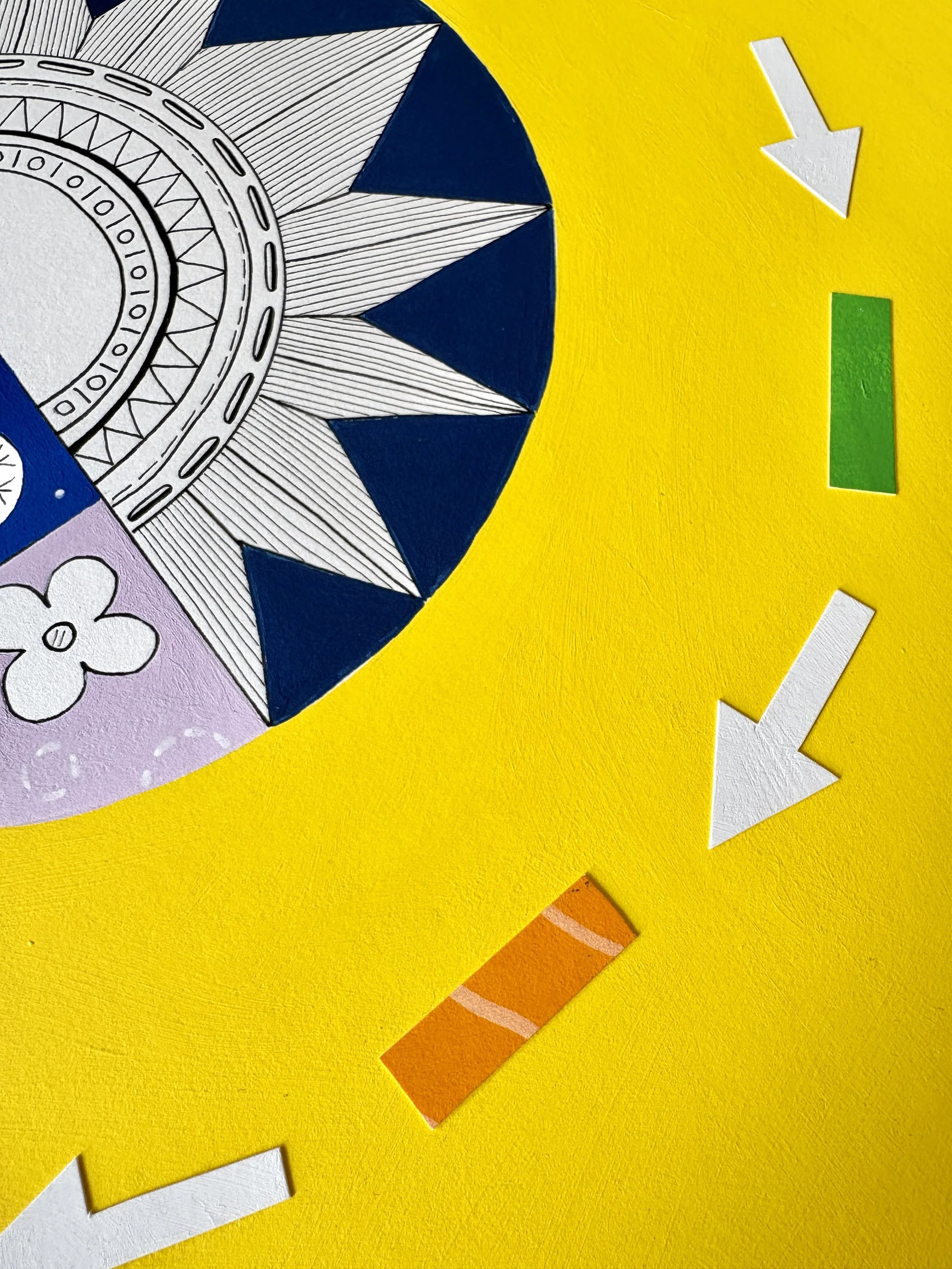 A Most Colourful Year Around the Sun, original mixed media on A2 paper with a yellow background, close-up detail.