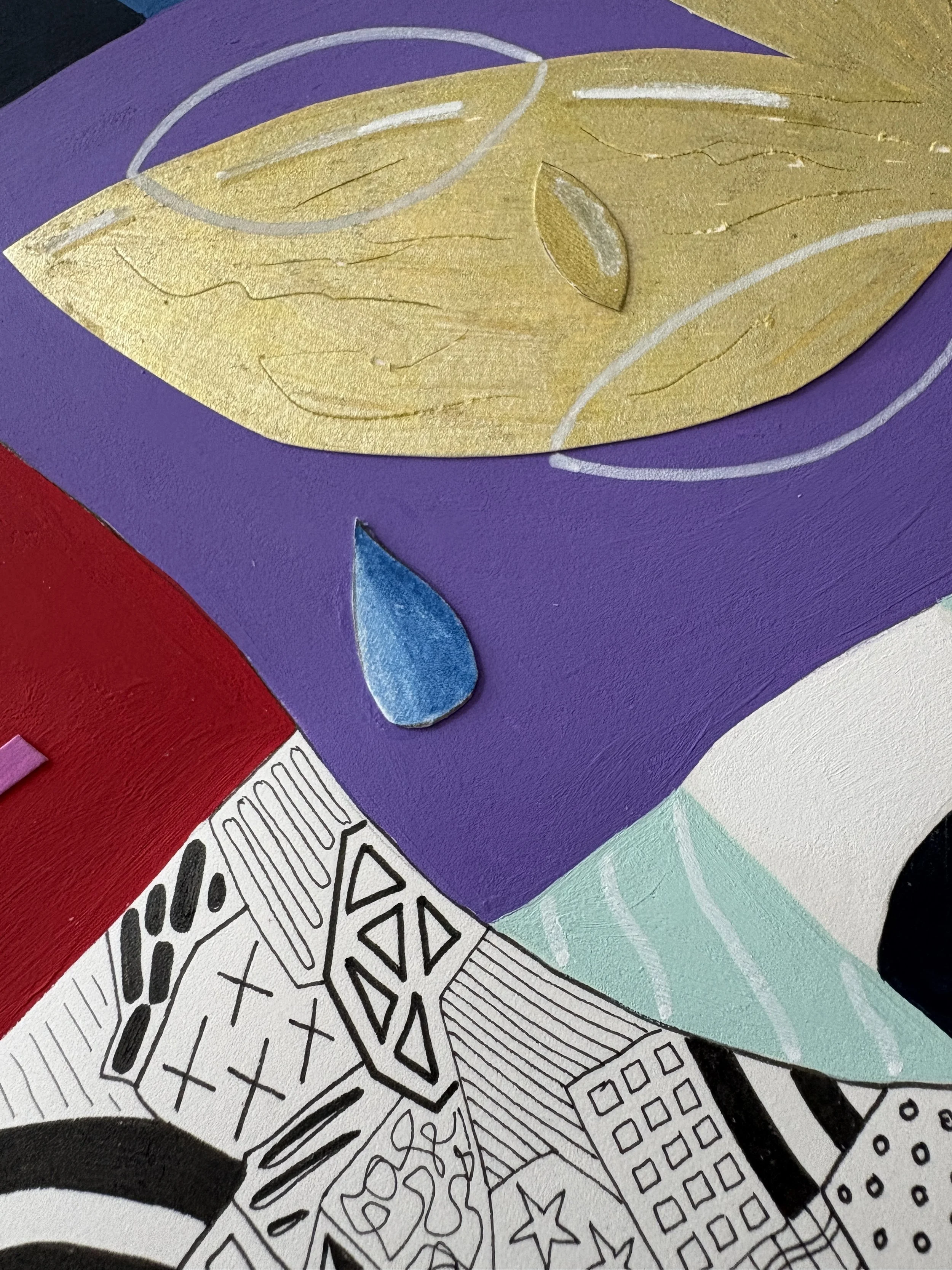 Close-up detail of Tears To Gold, original mixed media abstract artwork on A3 paper, featuring gold plant motifs, teardrops, pen drawings, colourful sections and collage.
