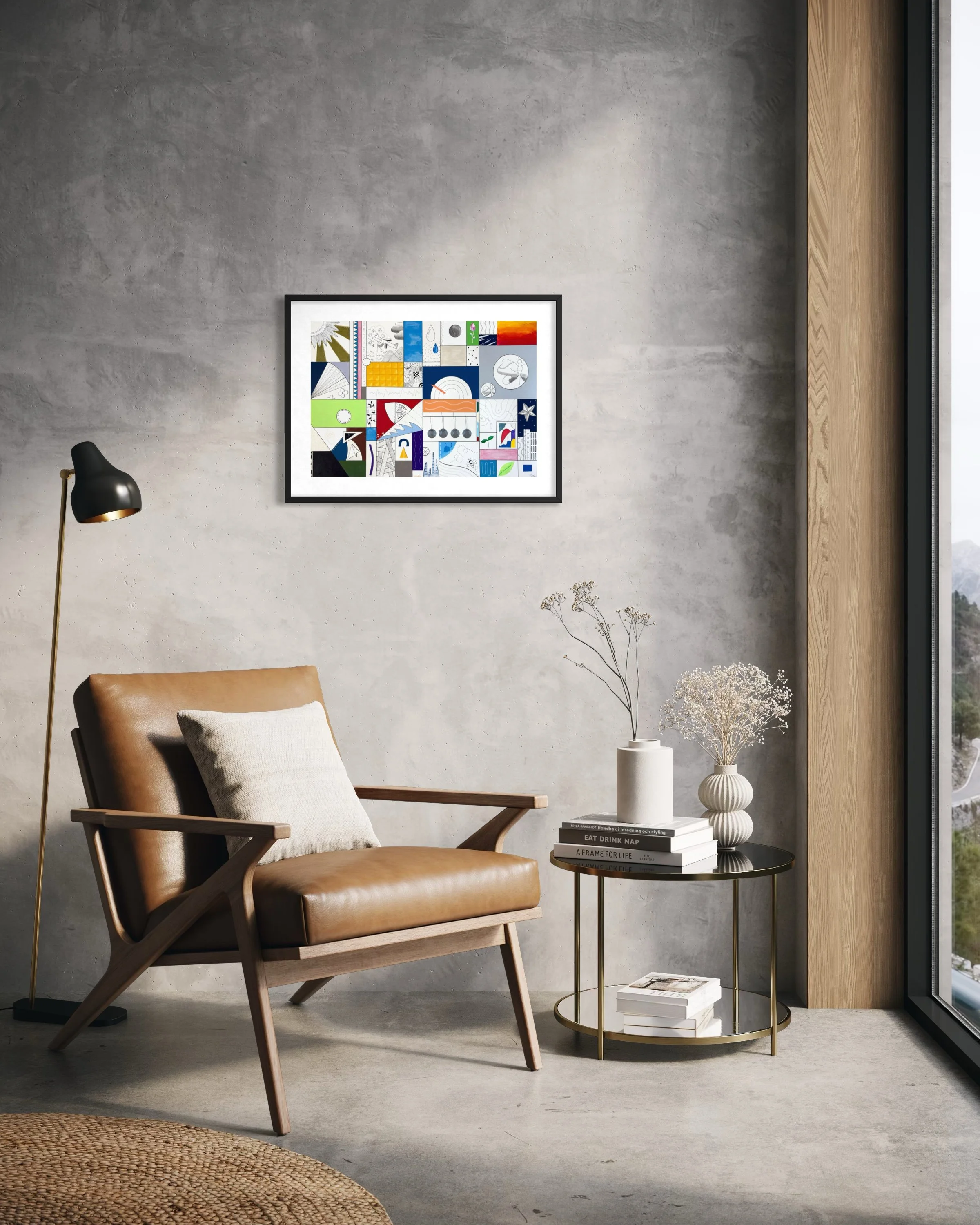 Conditions Within, original mixed media abstract artwork on A2 paper featuring black ink borders, colour, pen drawings and symbolic motifs, displayed framed in a modern interior.