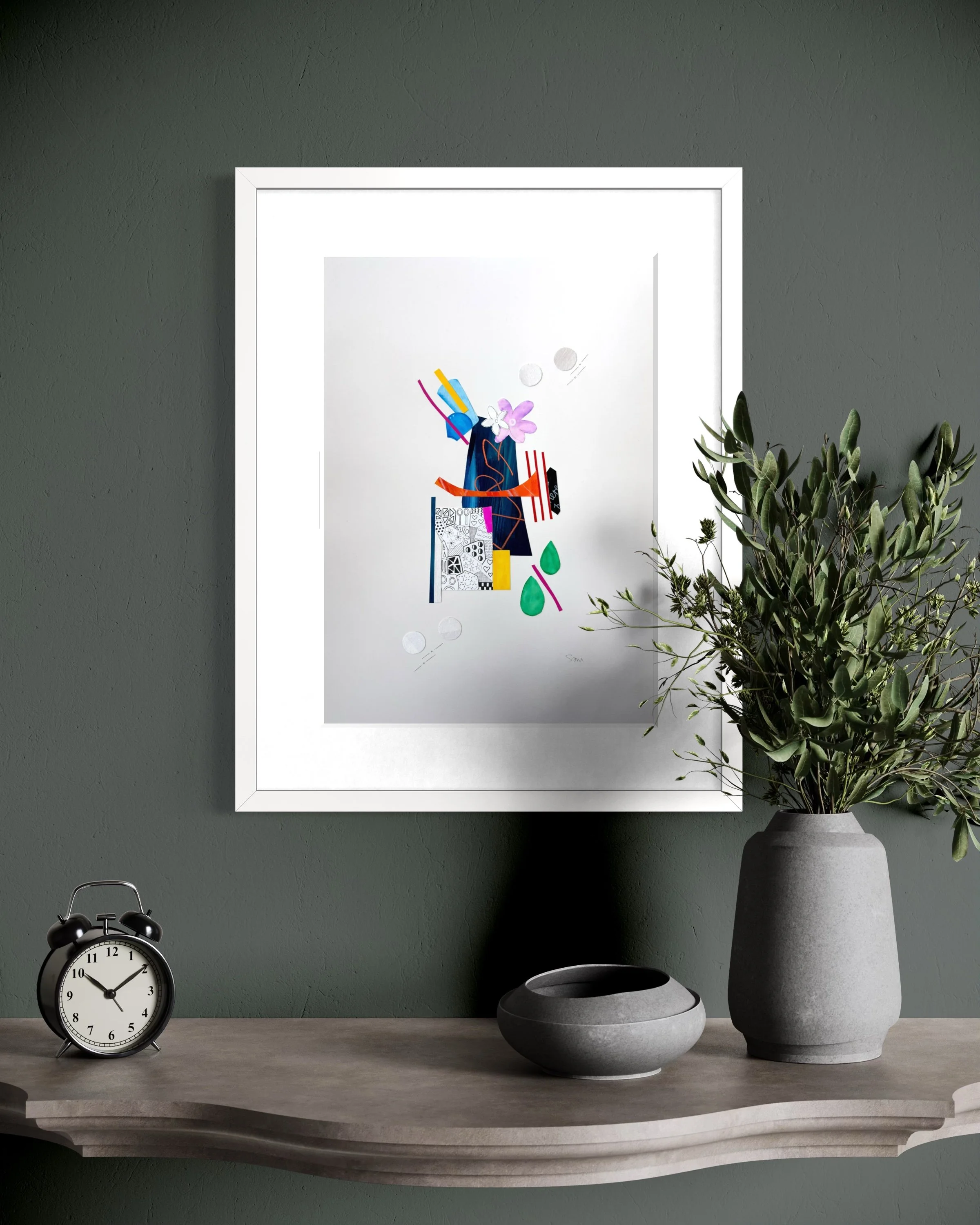 Bright Interruption, original mixed media collage on A3 paper featuring layered fragments, expressive marks, and bold abstract colour, and displayed framed in a modern interior.