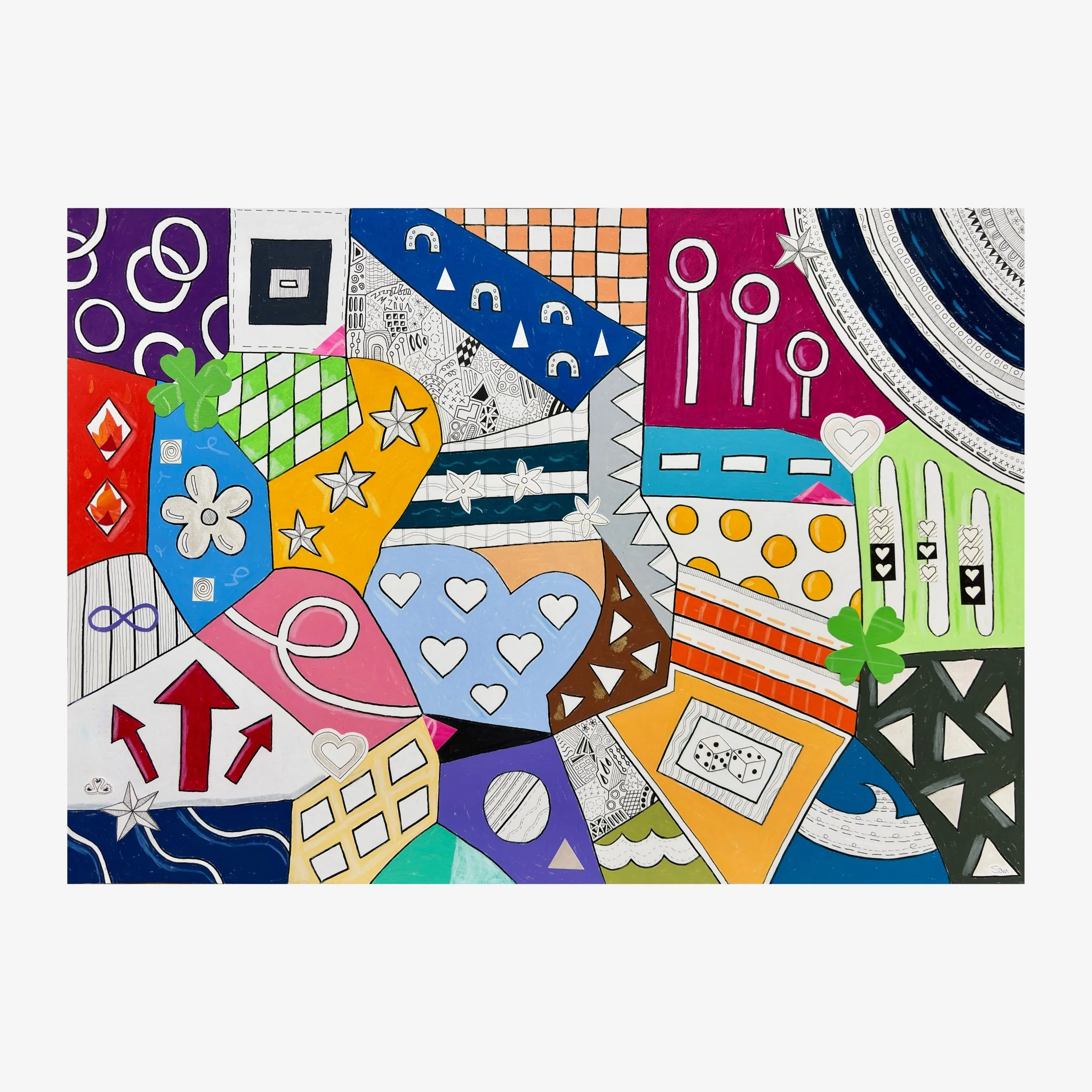 Devotion and Chance, A2 mixed media, bold colourful patterns with love and luck symbols: hearts, swans, flames, dice, clovers, stars, horseshoes.
