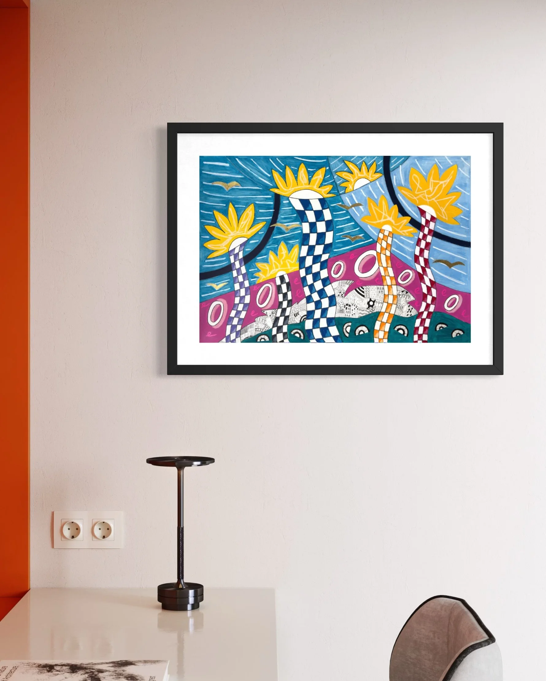 Dancing In The Car Yard, original mixed media artwork featuring colourful air dancer forms, bold patterns, expressive doodles, birds and cars, displayed framed in a modern interior.
