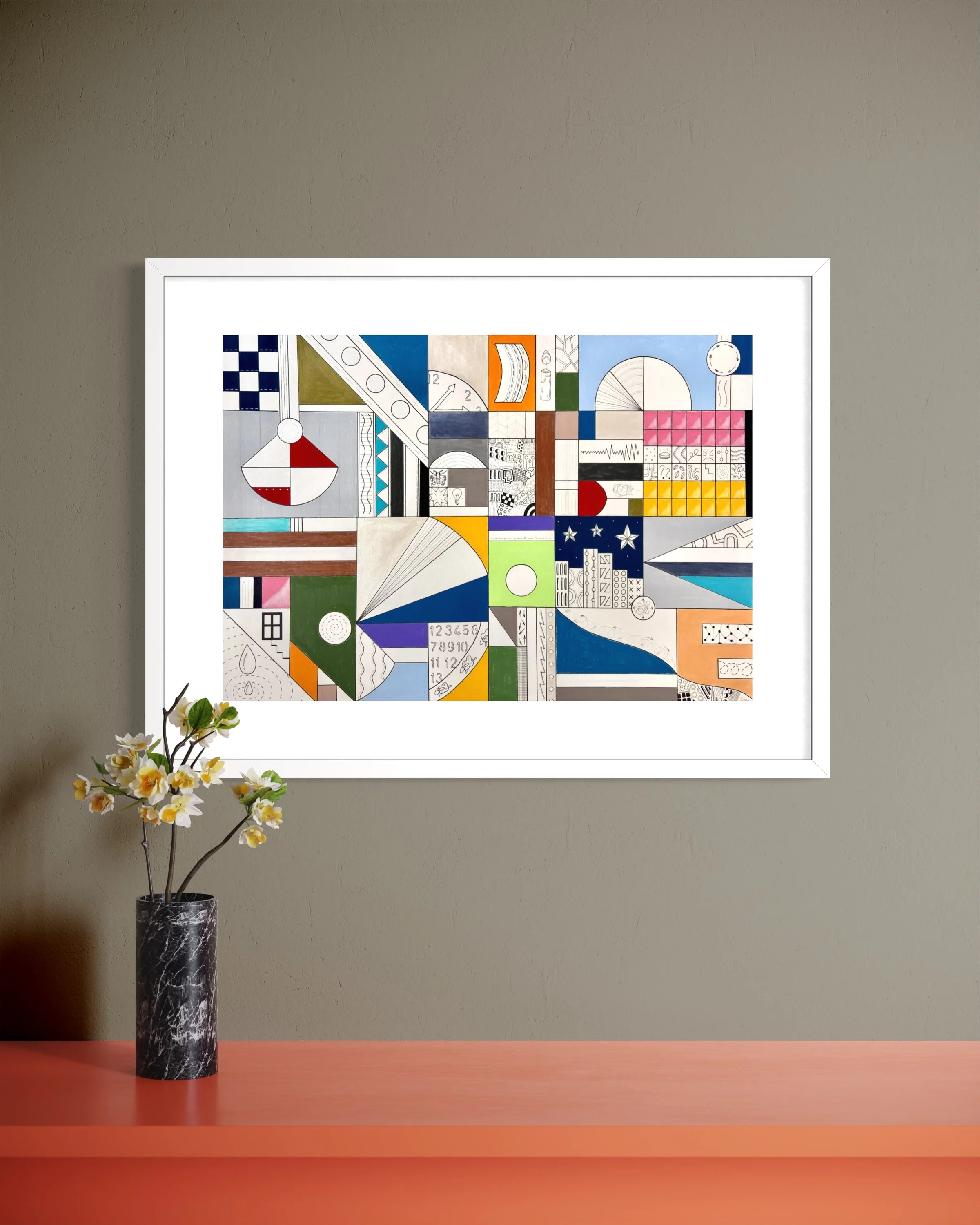 Night Mind, original mixed media abstract artwork on A2 paper featuring a structured composition with black ink borders, colour, pen doodles and symbolic motifs, displayed framed in a modern interior.