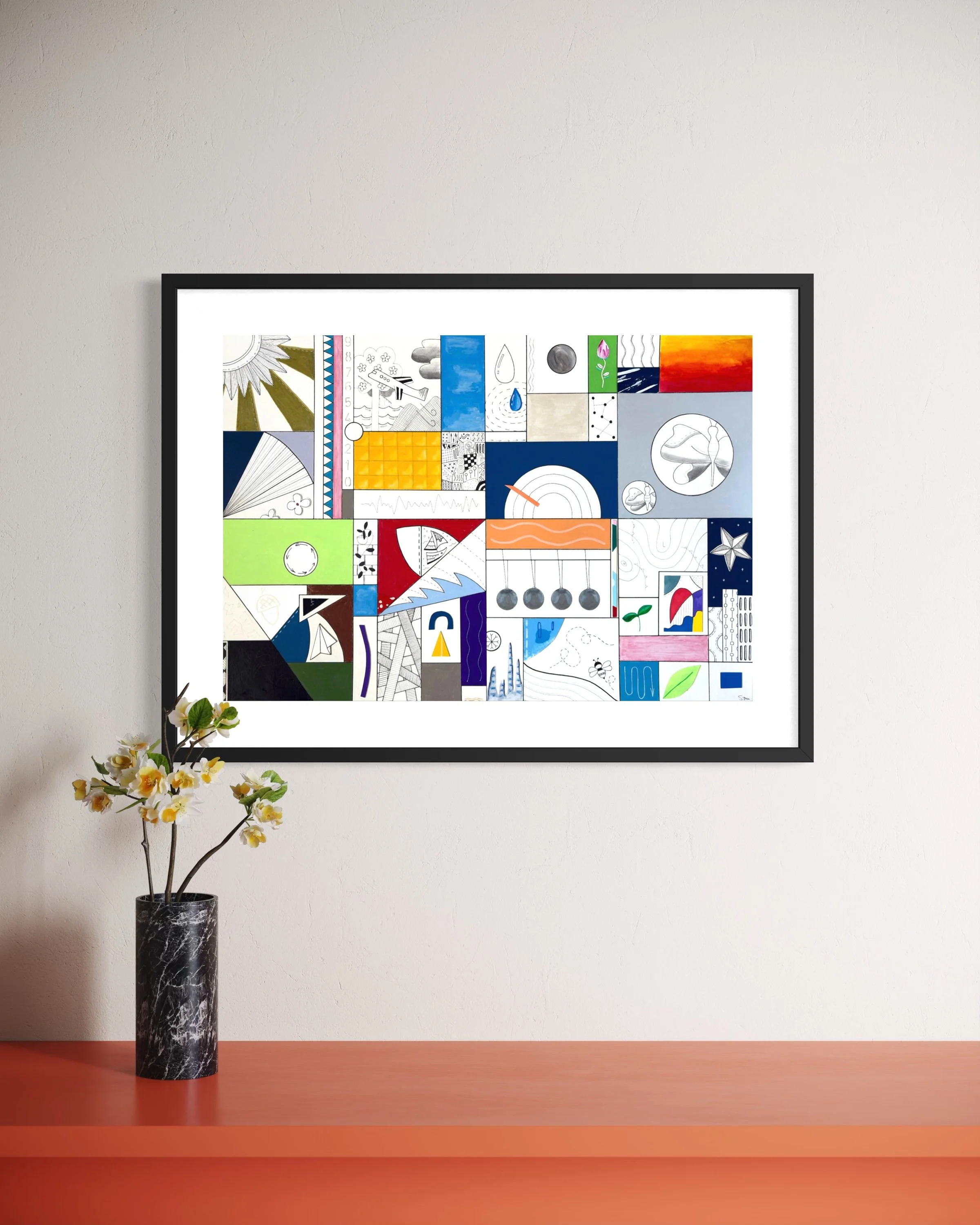 Conditions Within, original mixed media abstract artwork on A2 paper featuring black ink borders, colour, pen drawings and symbolic motifs, displayed framed in a modern interior.