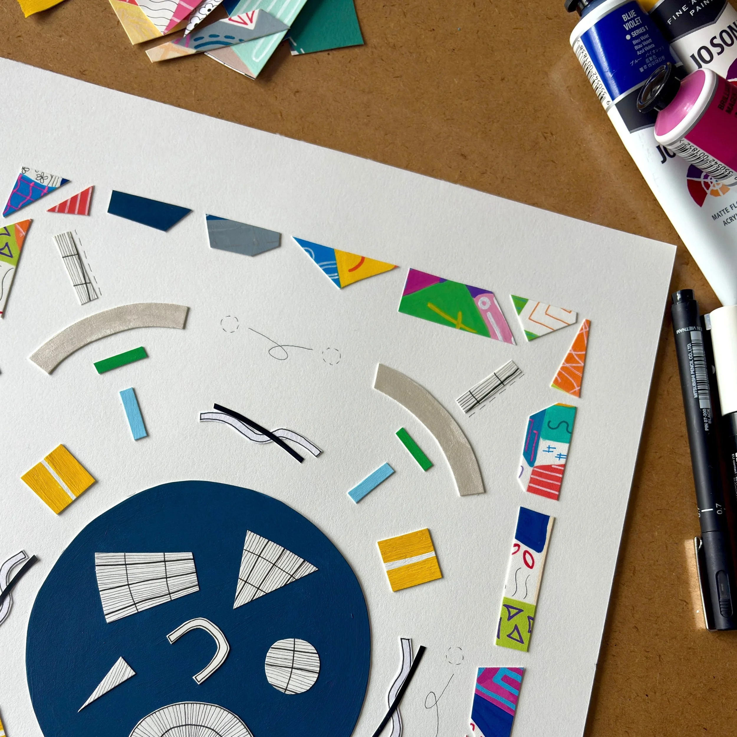 Close-up of A Measured Arrangement, showing pen drawings, painted fragments, and a reworked grid based border.