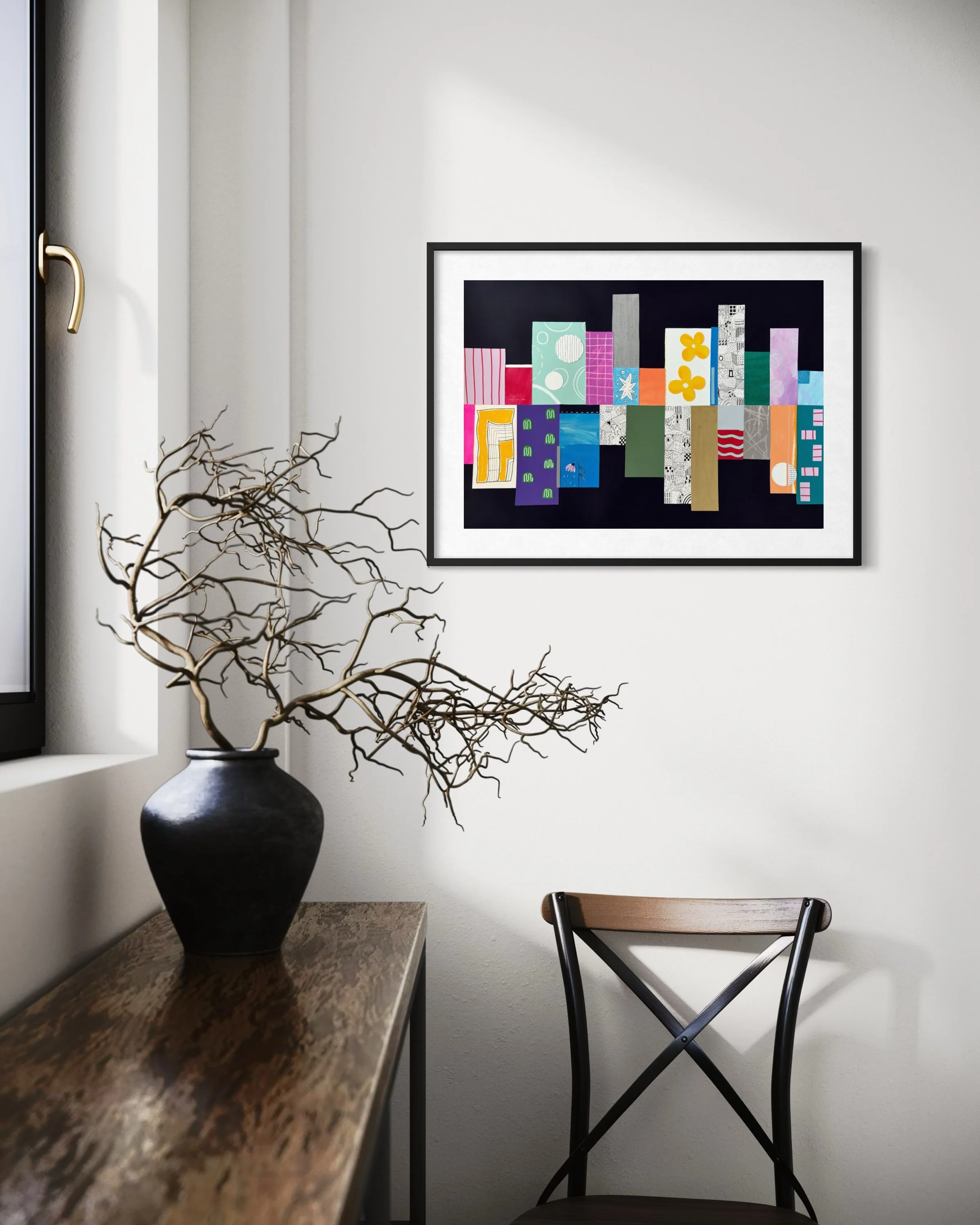 Highs And Lows, original mixed-media abstract artwork featuring colourful sections, expressive marks, geometric forms and contrasting elements, displayed framed in a modern interior.