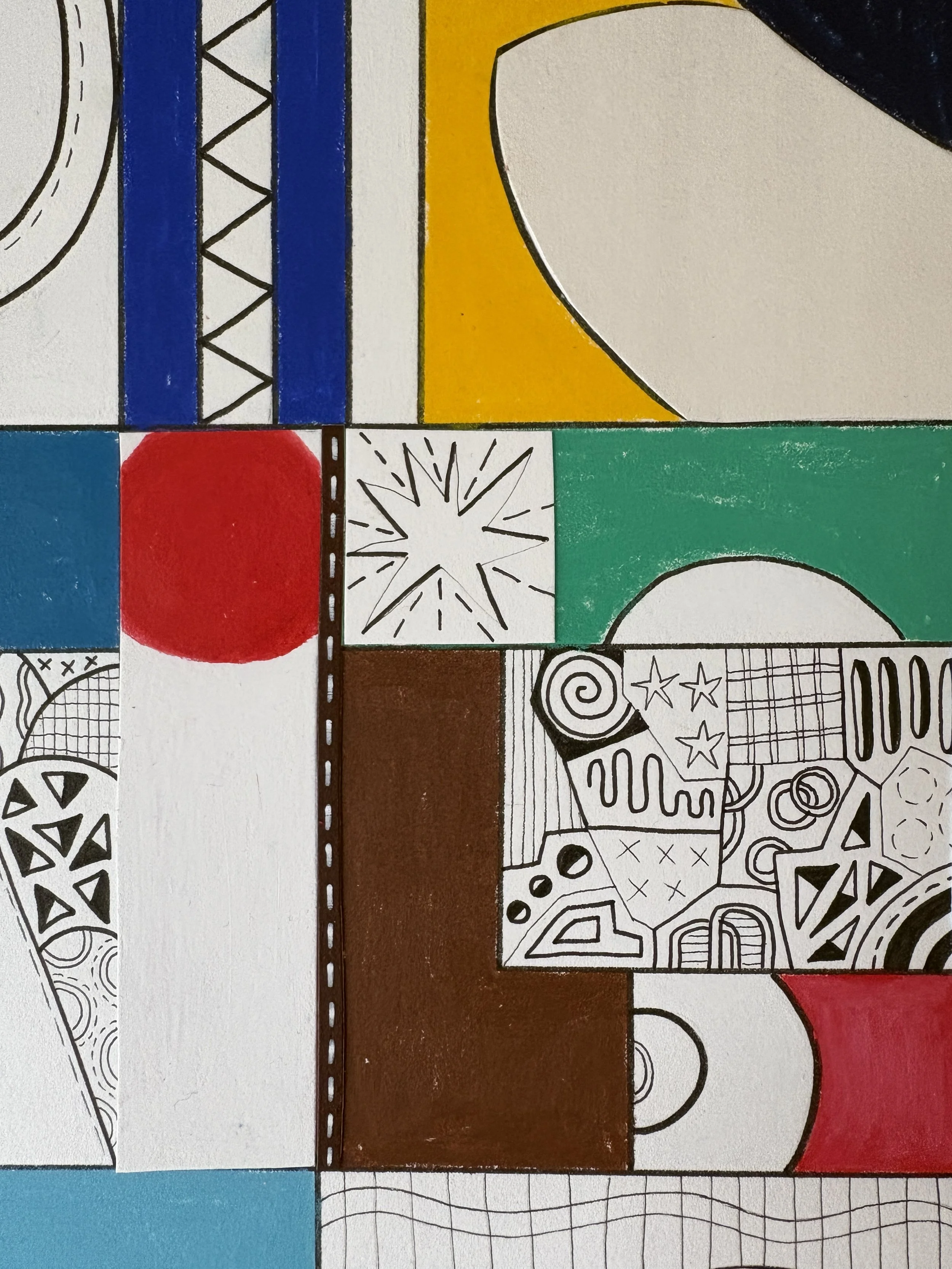 Close-up detail of Inner Infrastructure, original mixed media on A2 paper with geometric and abstract forms, colour blocks, patterns and hand-drawn marks.