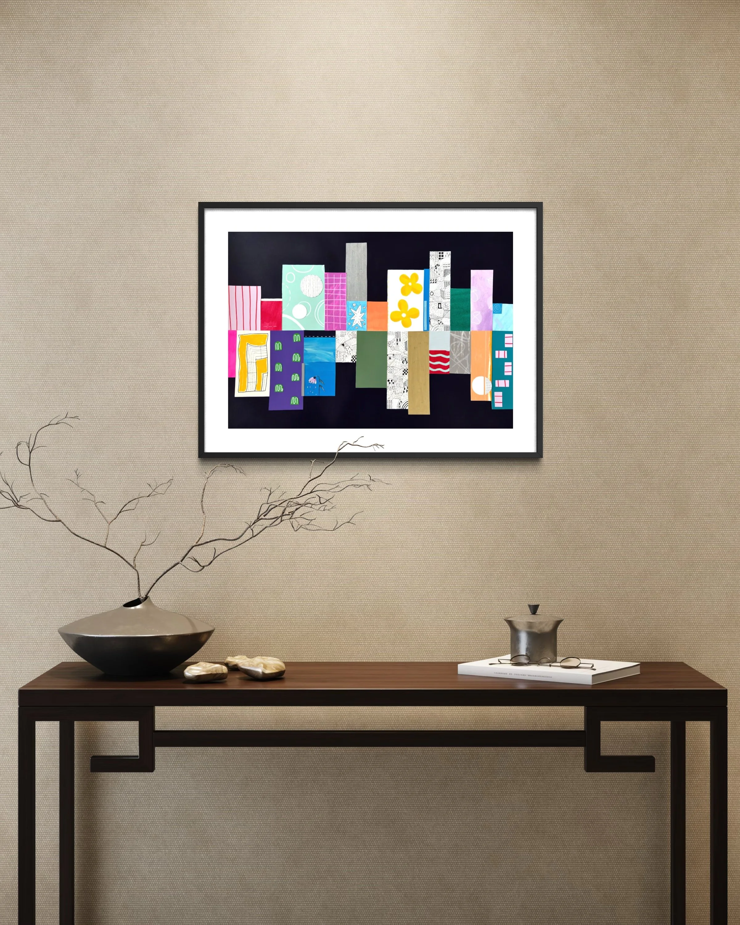 Highs And Lows, original mixed-media abstract artwork featuring colourful sections, expressive marks, geometric forms and contrasting elements, displayed framed in a modern interior.