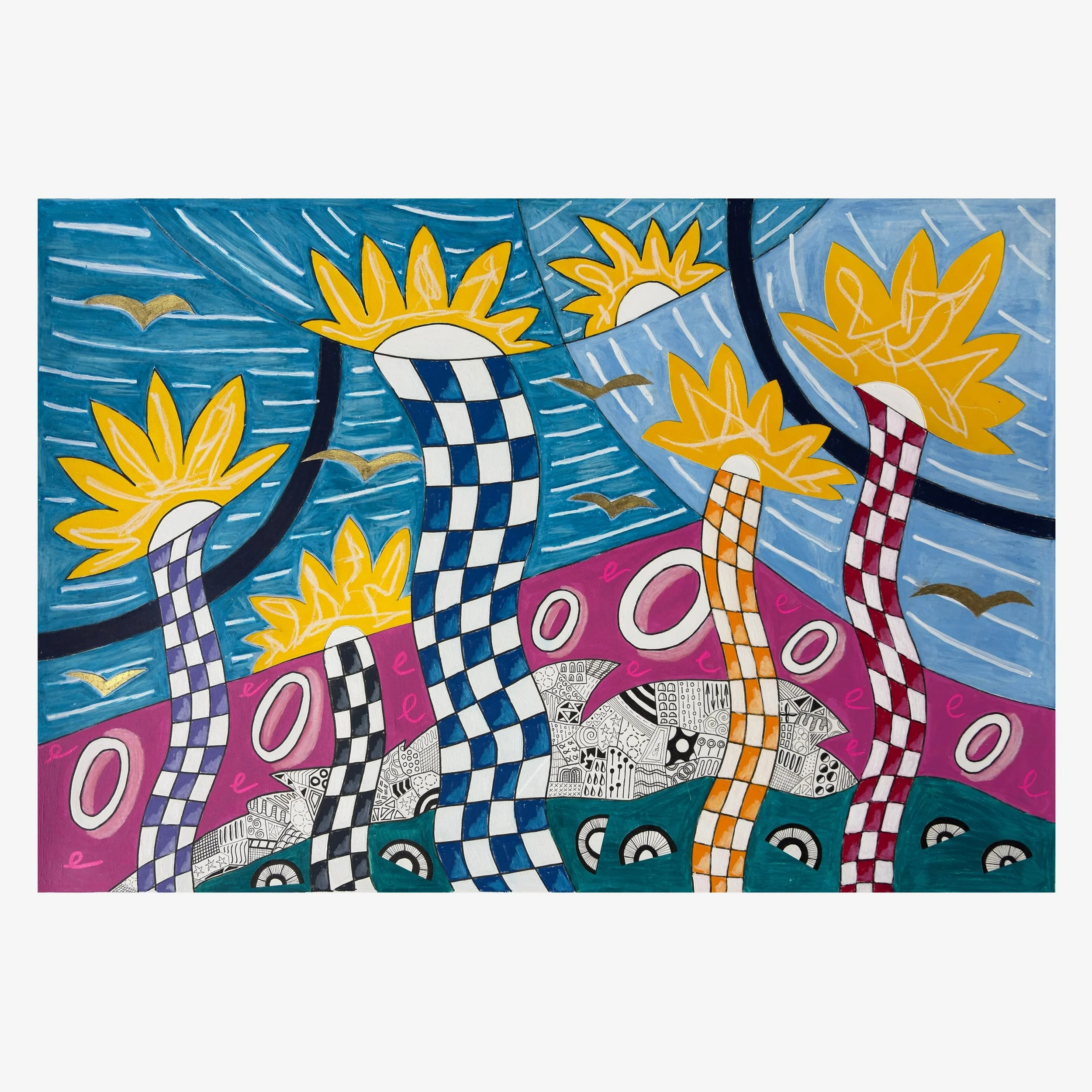 Dancing In The Car Yard, mixed media artwork on A2 paper featuring tall, colourful air dancer forms, blue sky, pink and green sections, patterned cars, wheels and birds.