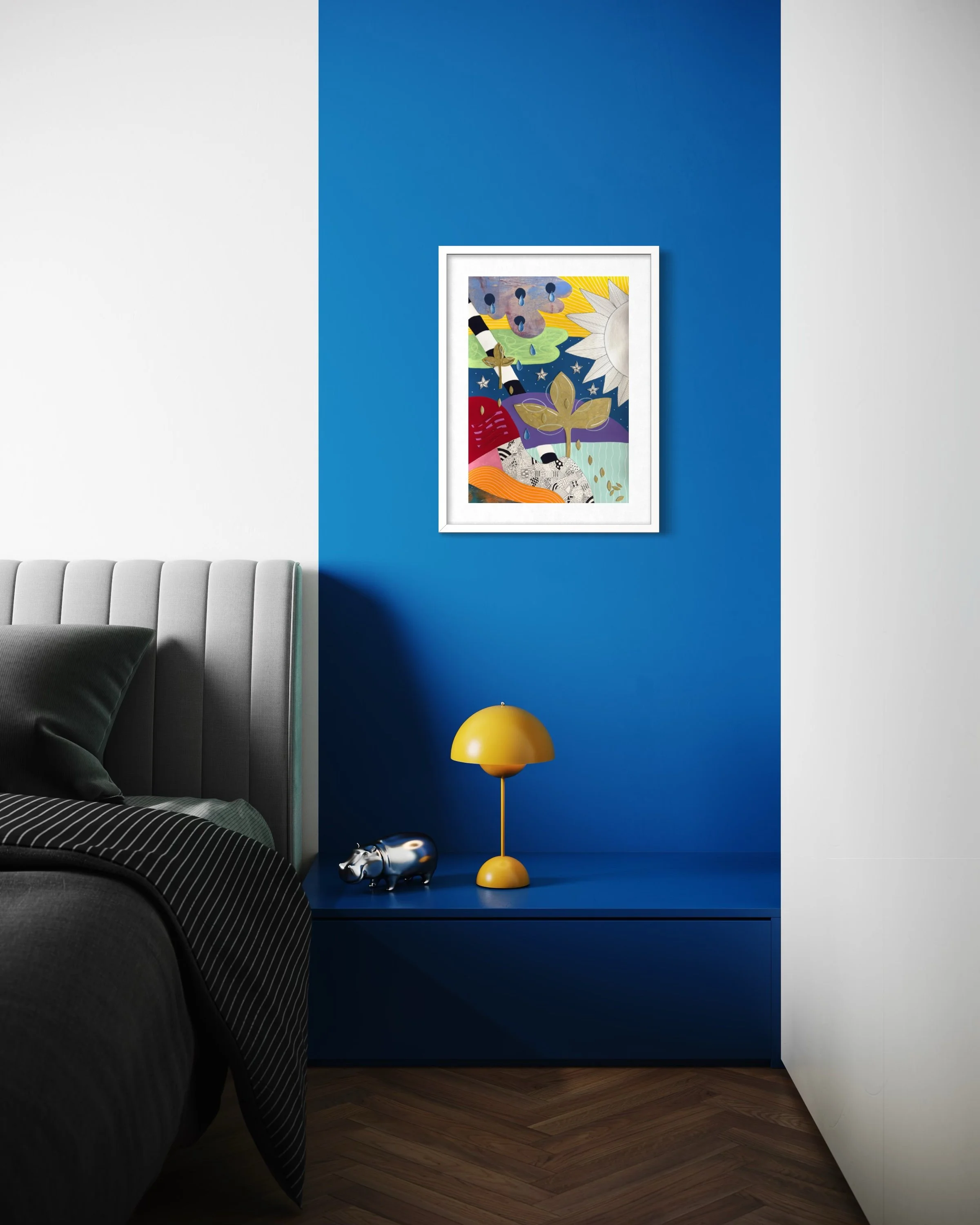 Tears To Gold, original mixed media abstract artwork on A3 paper featuring a sun, teardrops, stars, gold plant motifs and colourful sections, displayed framed in a modern interior.