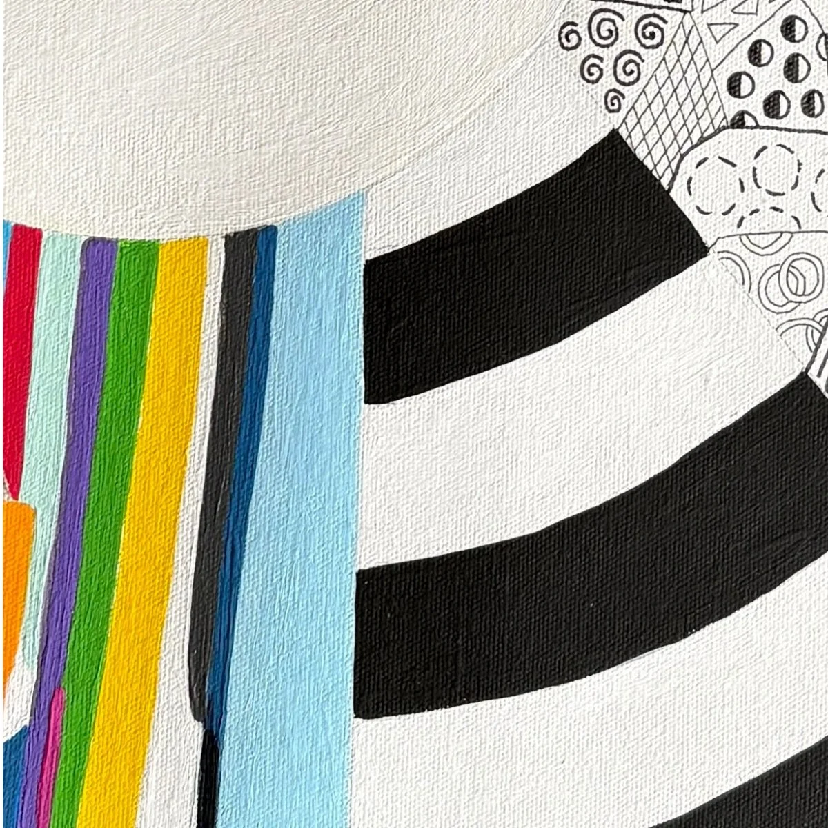 Close-up detail of Off Centre, original abstract artwork on canvas, featuring bold colour sections, pen-drawn details and curved painted bands.