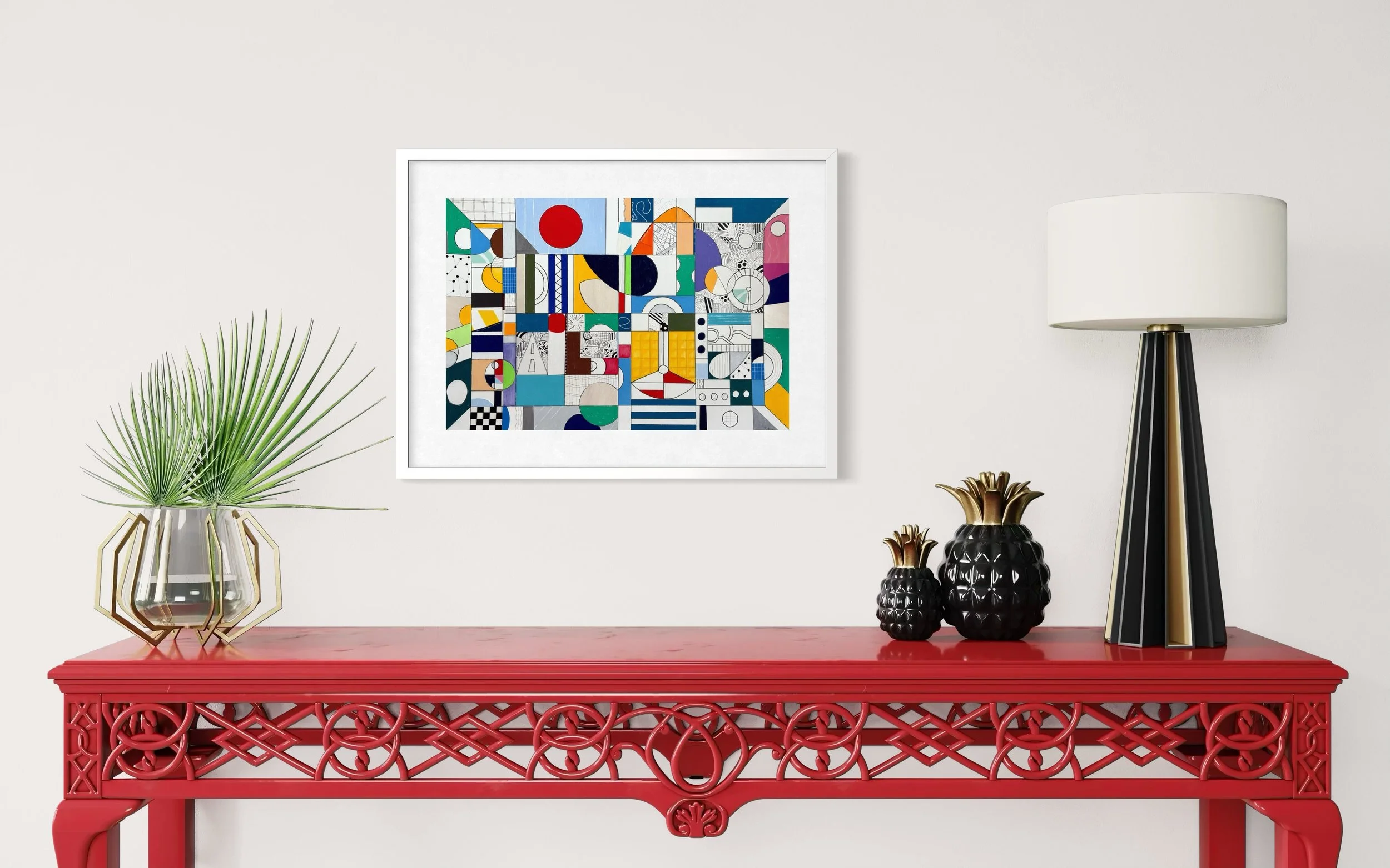 Inner Infrastructure, original mixed media on A2 paper with geometric and abstract forms, colour blocks, patterns and hand-drawn marks, styled in a modern home office.