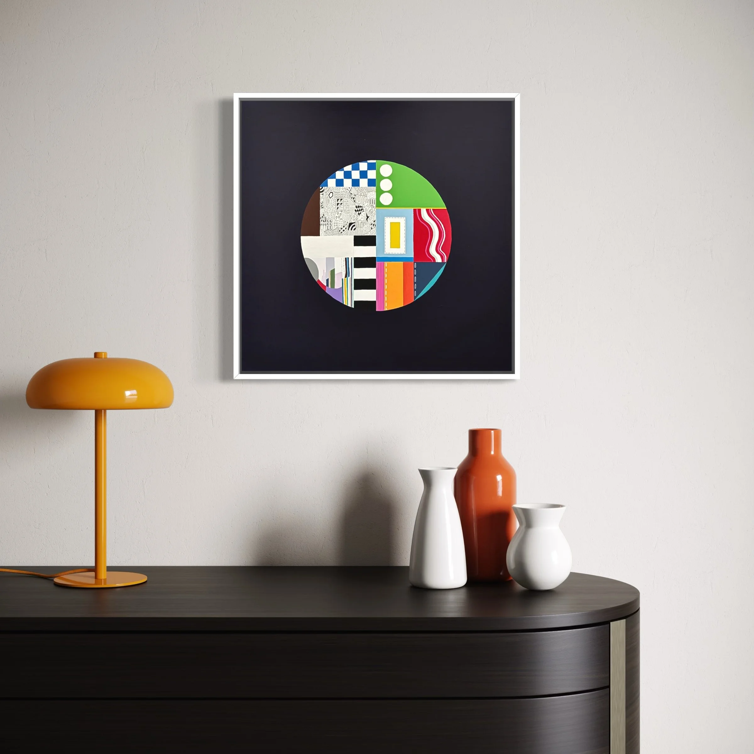 In a Roundabout Way, original mixed media abstract artwork featuring a circular composition, colour, patterns and geometric elements, displayed framed in a modern interior.