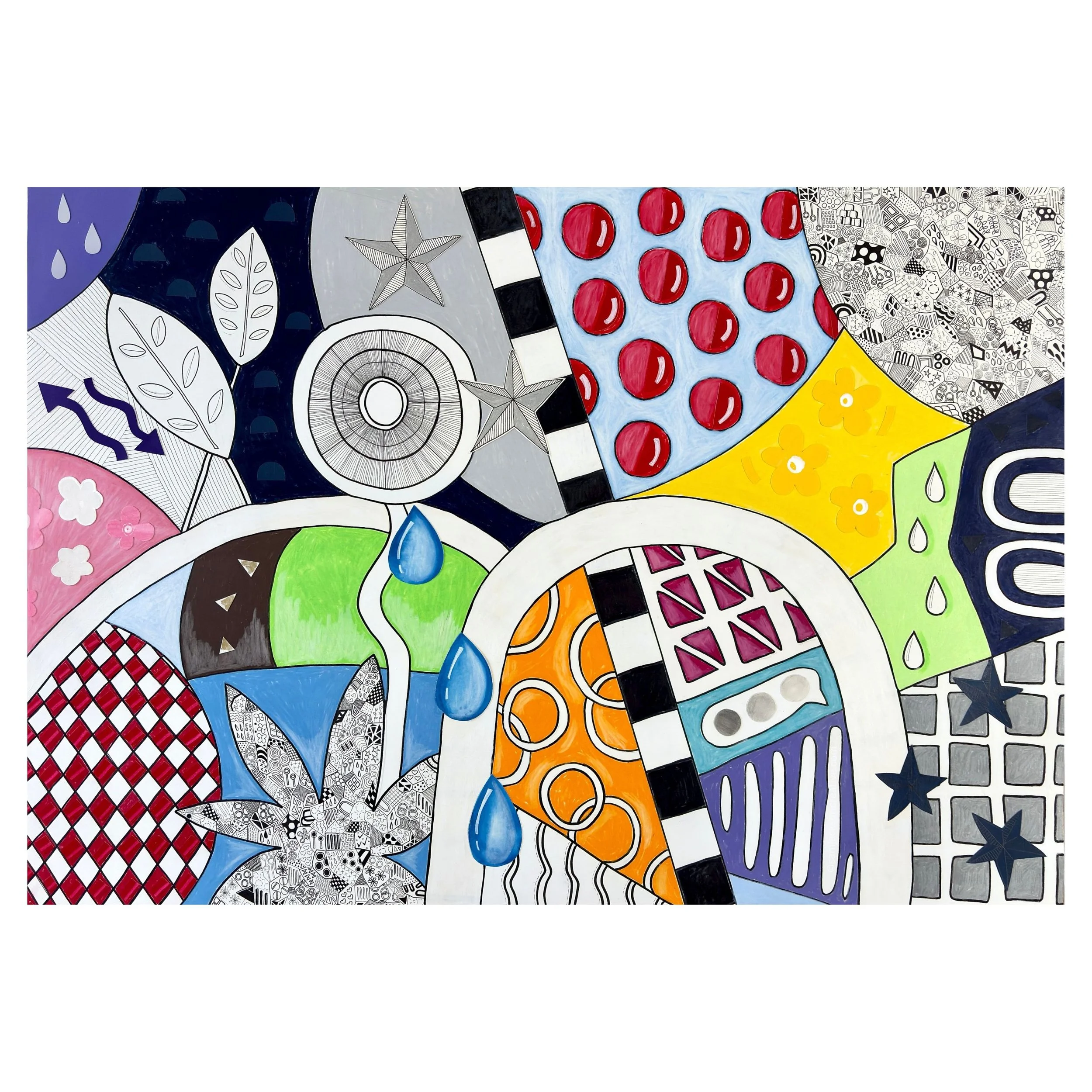 Now, Where Was I?, mixed-media artwork on A1 paper featuring colourful abstract sections, black pen drawings, organic forms, stars, droplets, bridges, geometric patterns and a speech bubble.