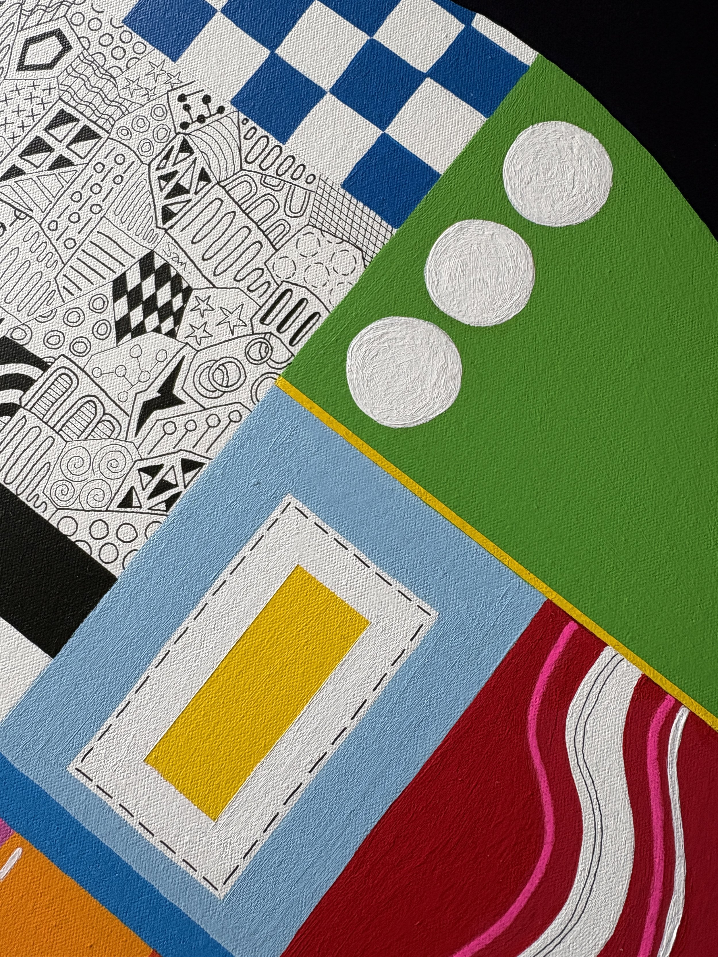 Close-up detail of In a Roundabout Way, original mixed media abstract artwork featuring contrasting sections of colour, pattern, doodled marks and geometric elements.
