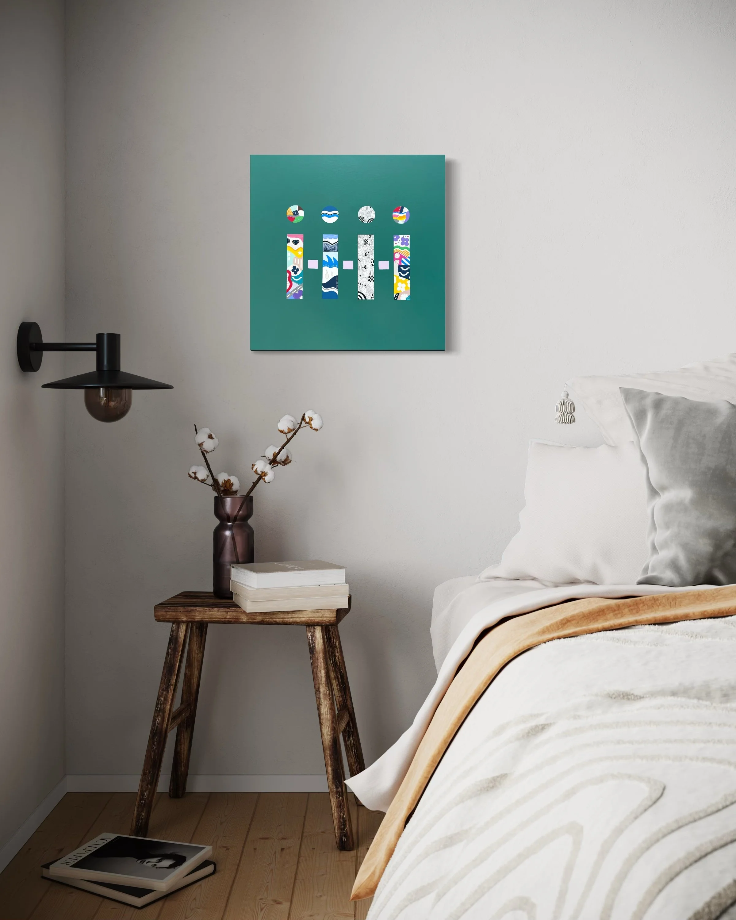 Being There, original mixed media abstract on canvas with a green background, displayed in a modern bedroom.