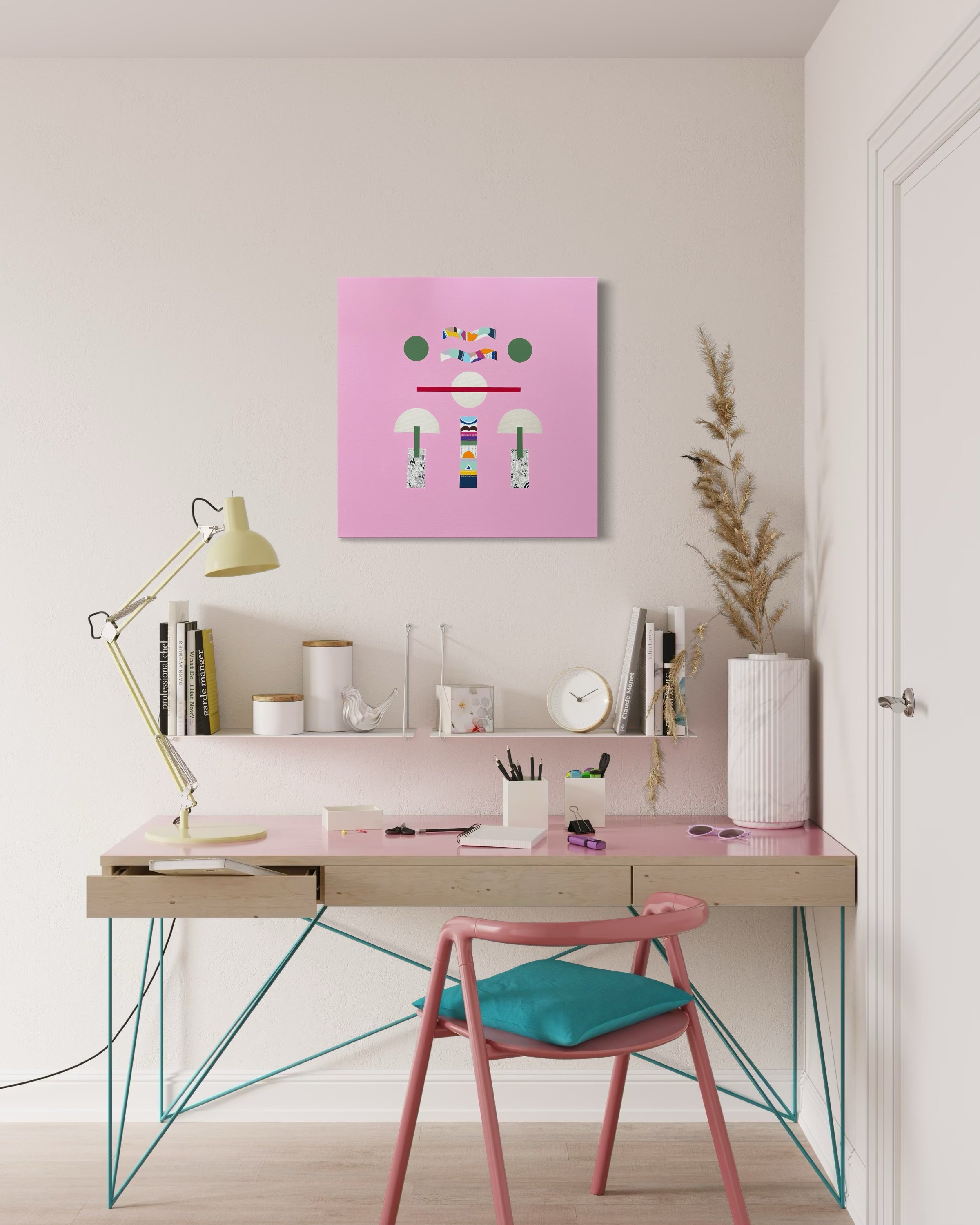 At Cruising Altitude, original mixed media abstract on canvas with a pink background, displayed in a modern pastel coloured workspace.