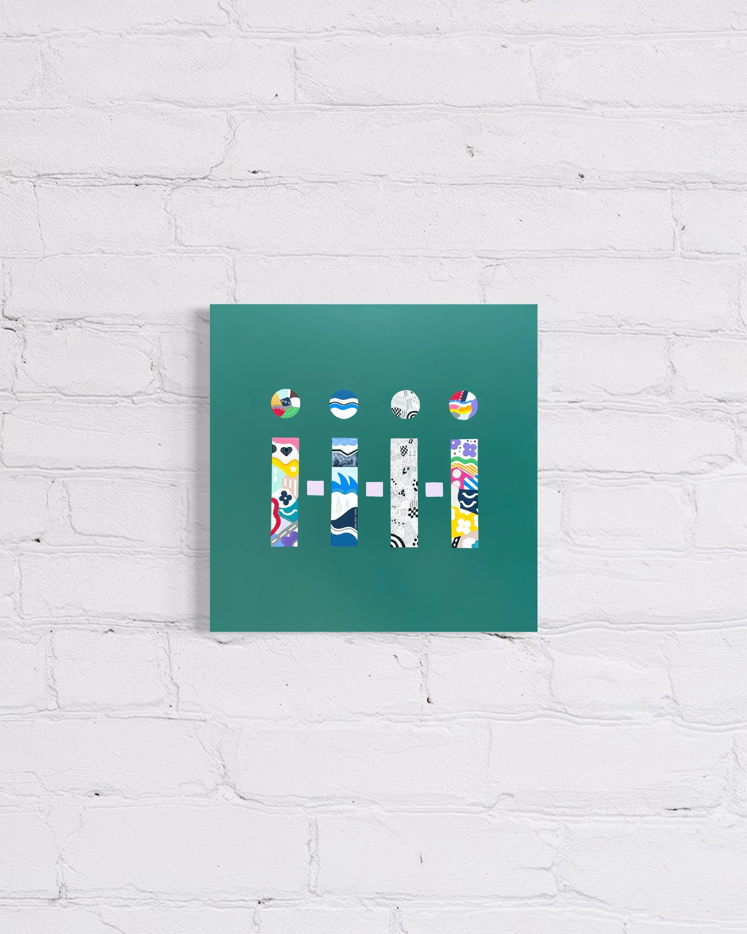 Being There, original mixed media abstract on canvas with a green background, displayed on a white brick wall.