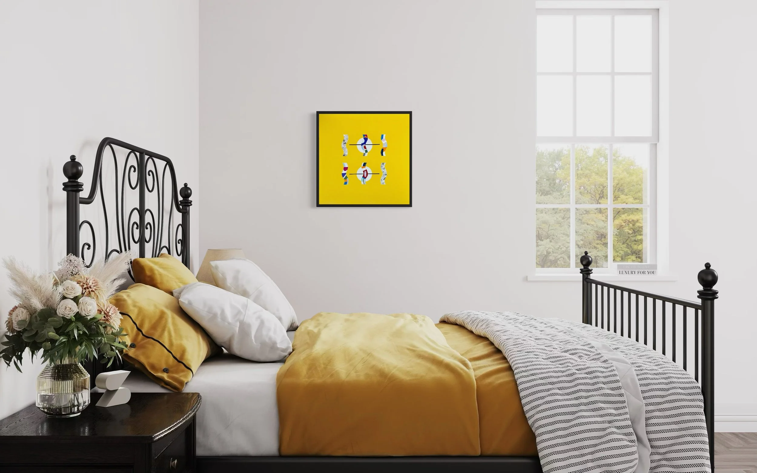 Flow State Two, original mixed media abstract on canvas with a bright yellow background, displayed in a modern bedroom.