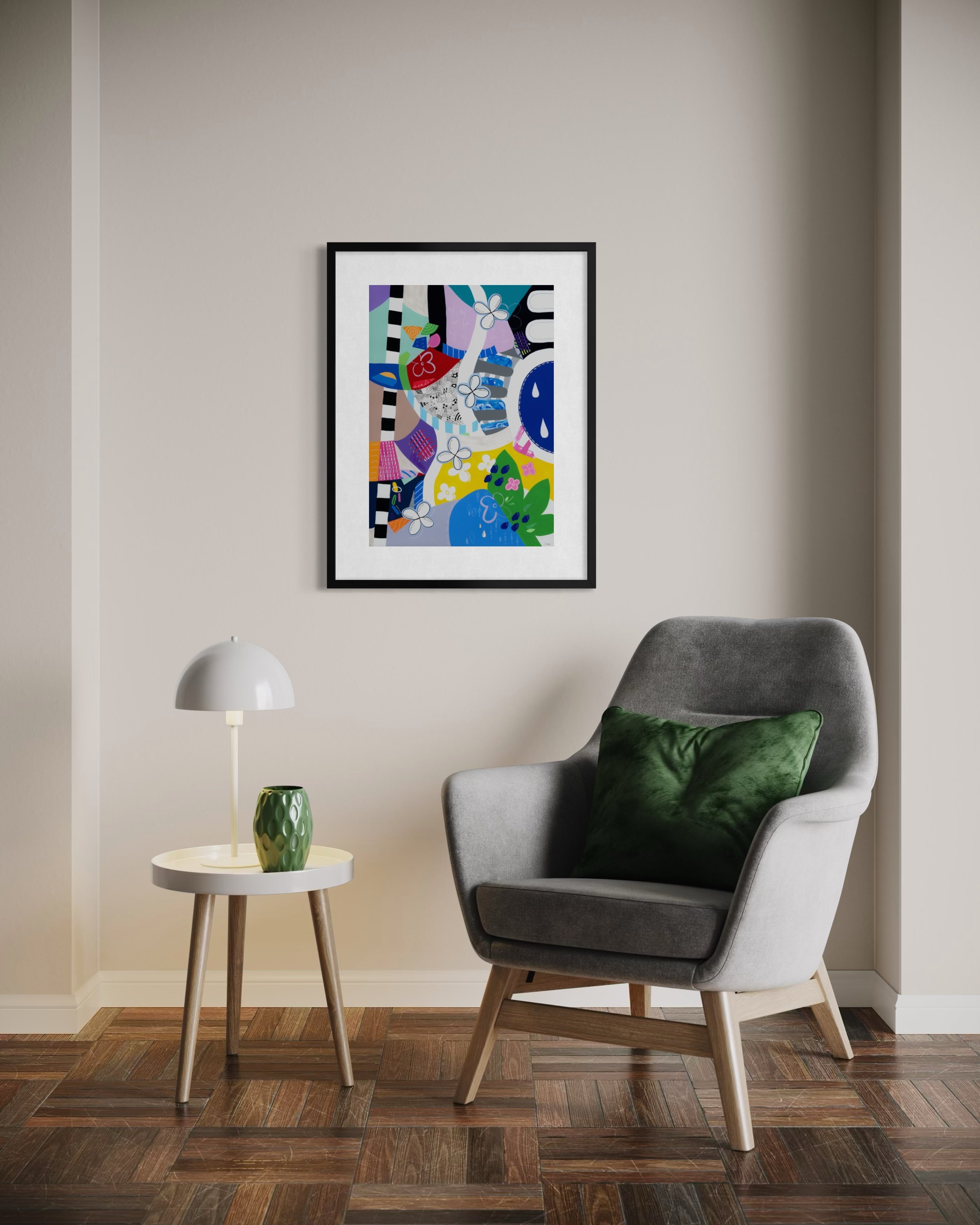 Crossing Currents fine art print displayed in a contemporary interior, showing a colourful abstract artwork with collage elements, patterned shapes, wave-like forms, flowers and organic details.
