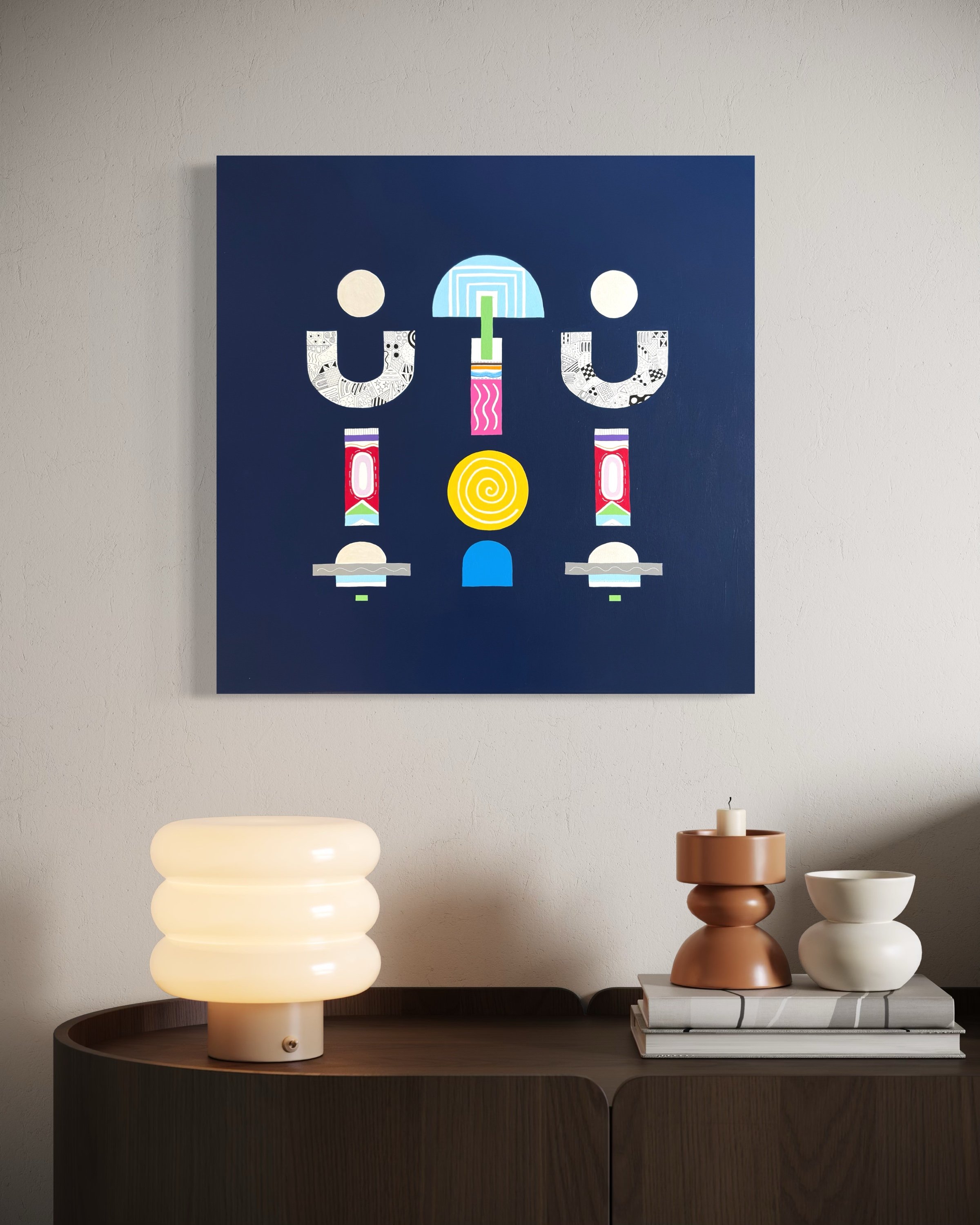 Upward Turn, original abstract artwork on canvas, geometric forms on a blue background, displayed above a table with a lamp and other home decor.