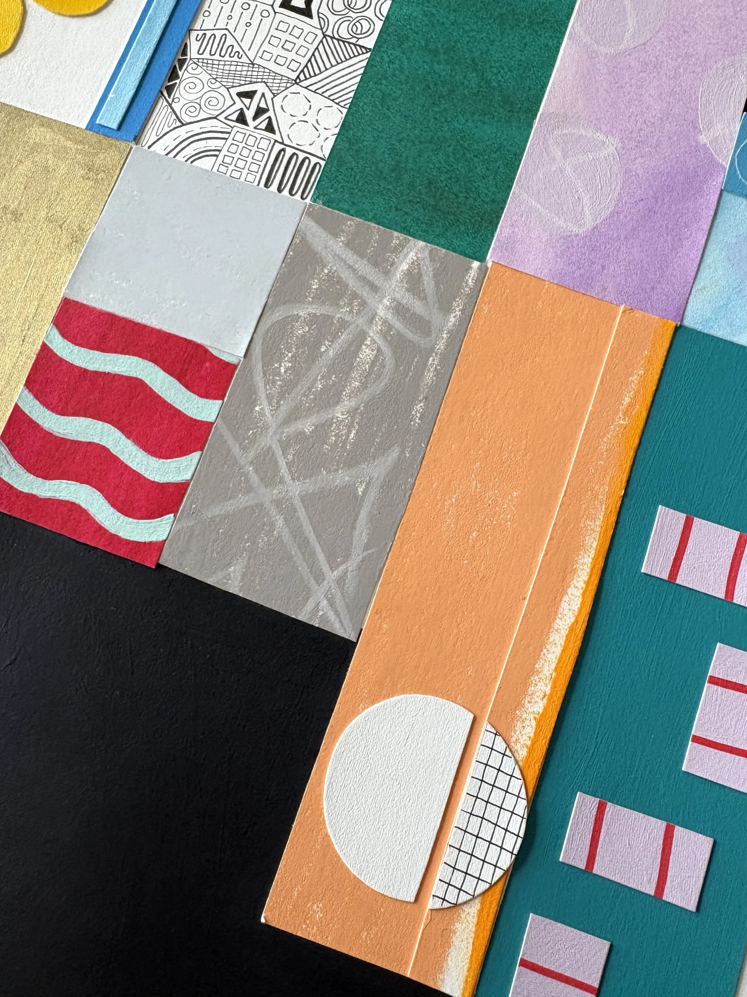 Close-up detail of Highs And Lows, original mixed-media abstract artwork featuring colourful sections, expressive marks, geometric forms and contrasting elements.