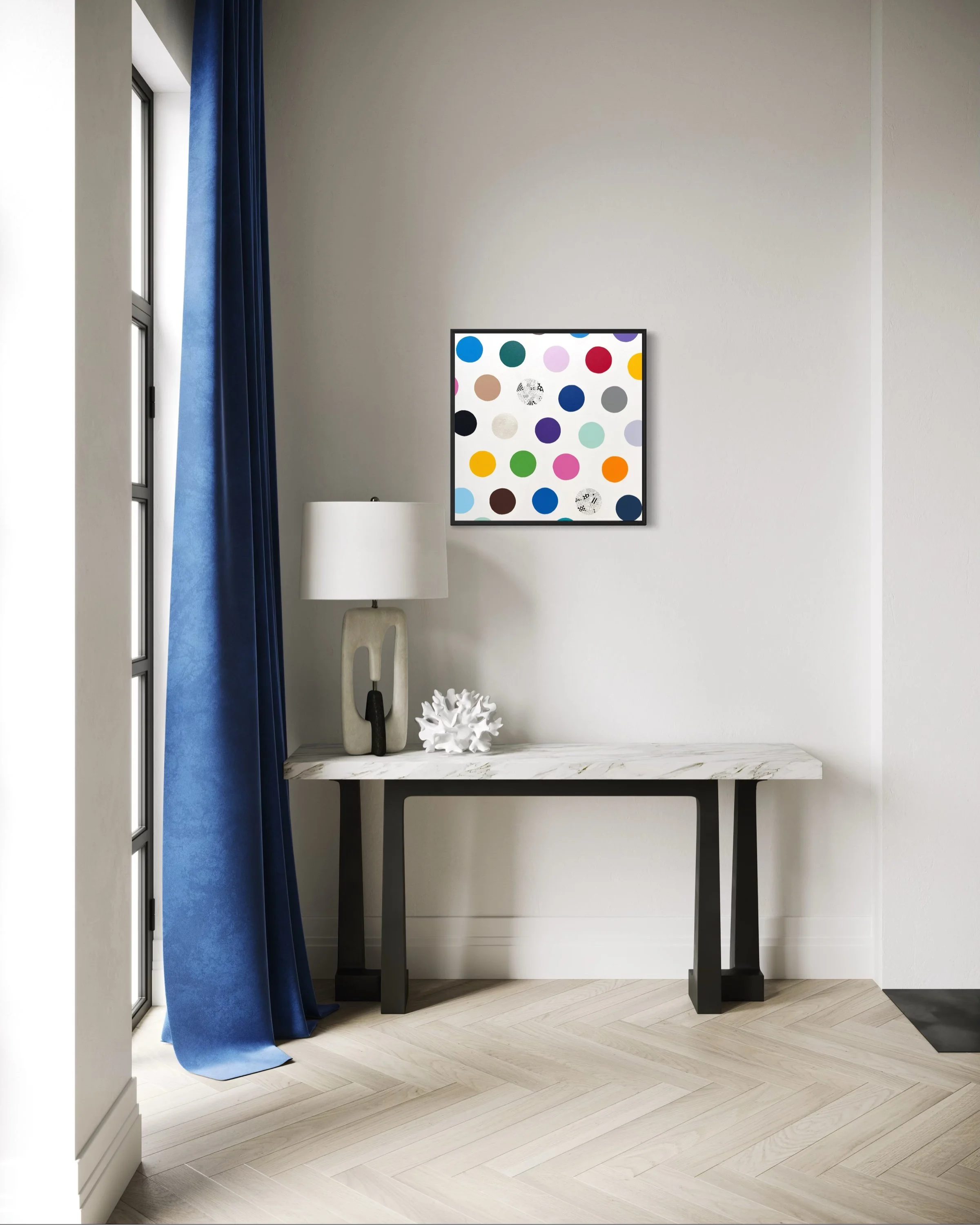 Spot The Happy Smile, original mixed media abstract on canvas with a white background and colourful spots, displayed in a modern living room on a wall above a table.