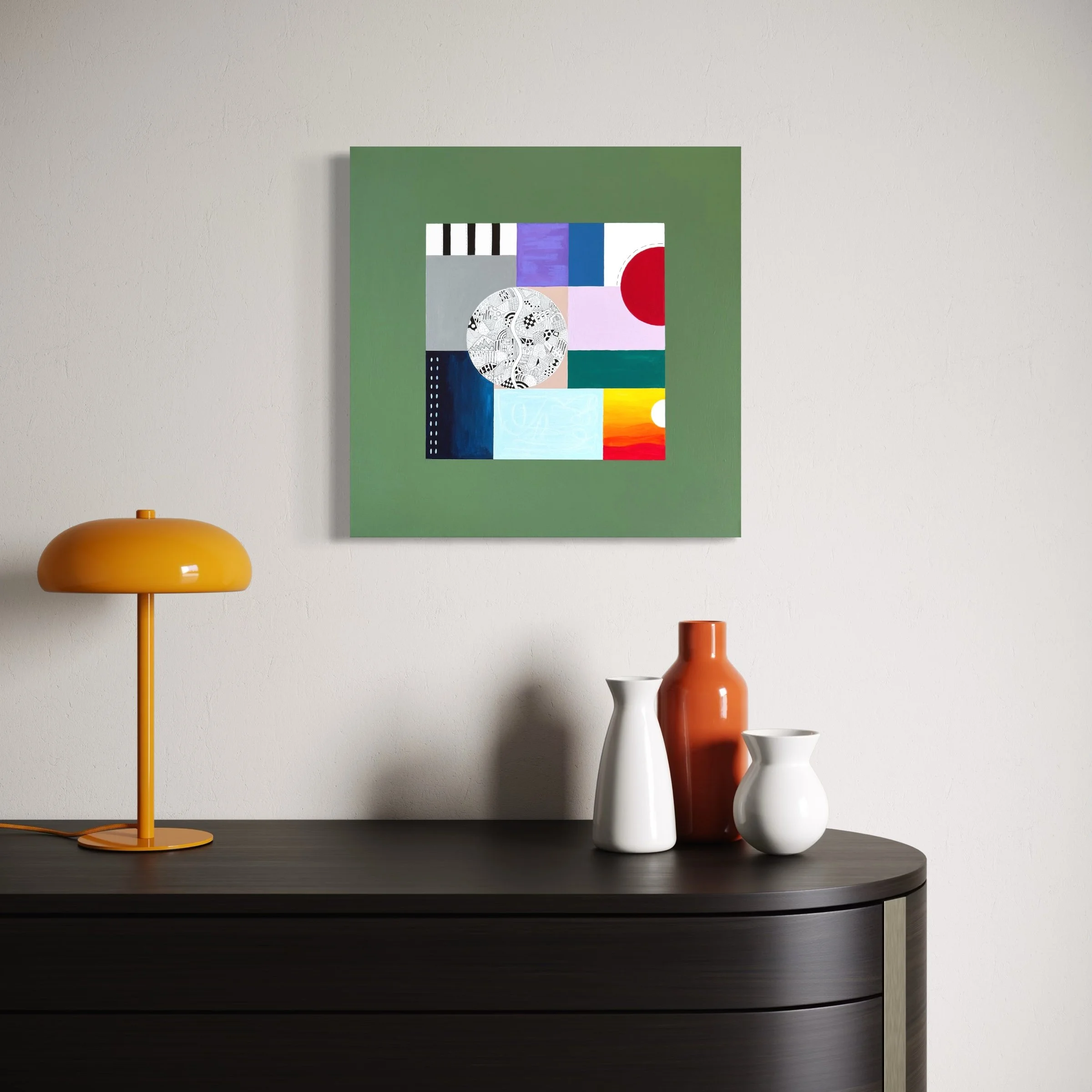 Tomorrow, original mixed media abstract artwork displayed in a modern interior, exploring uncertainty, change and hope through colour and structure.